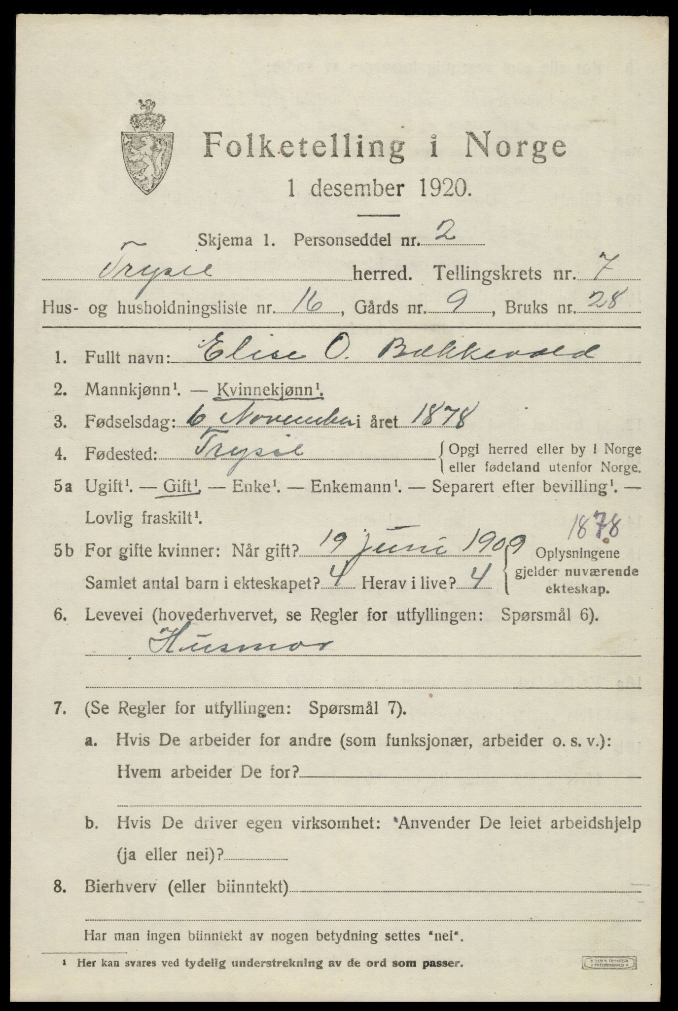 SAH, 1920 census for Trysil, 1920, p. 5389