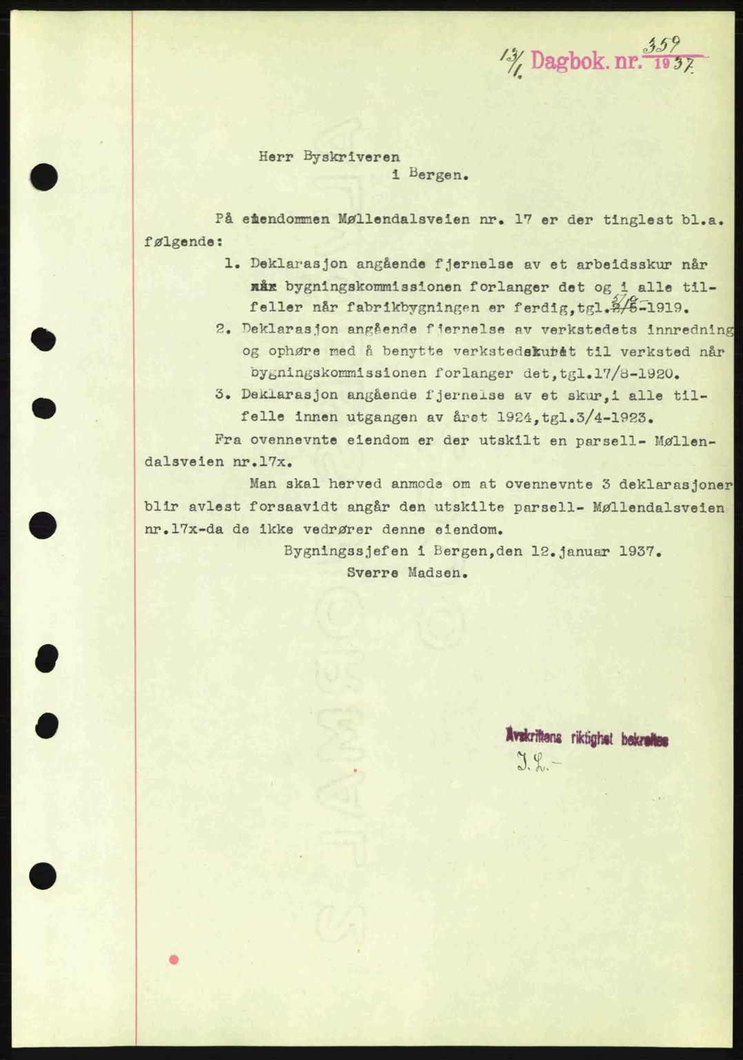 Byfogd og Byskriver i Bergen, SAB/A-3401/03/03Bc/L0004: Mortgage book no. A3-4, 1936-1937, Diary no: : 359/1937