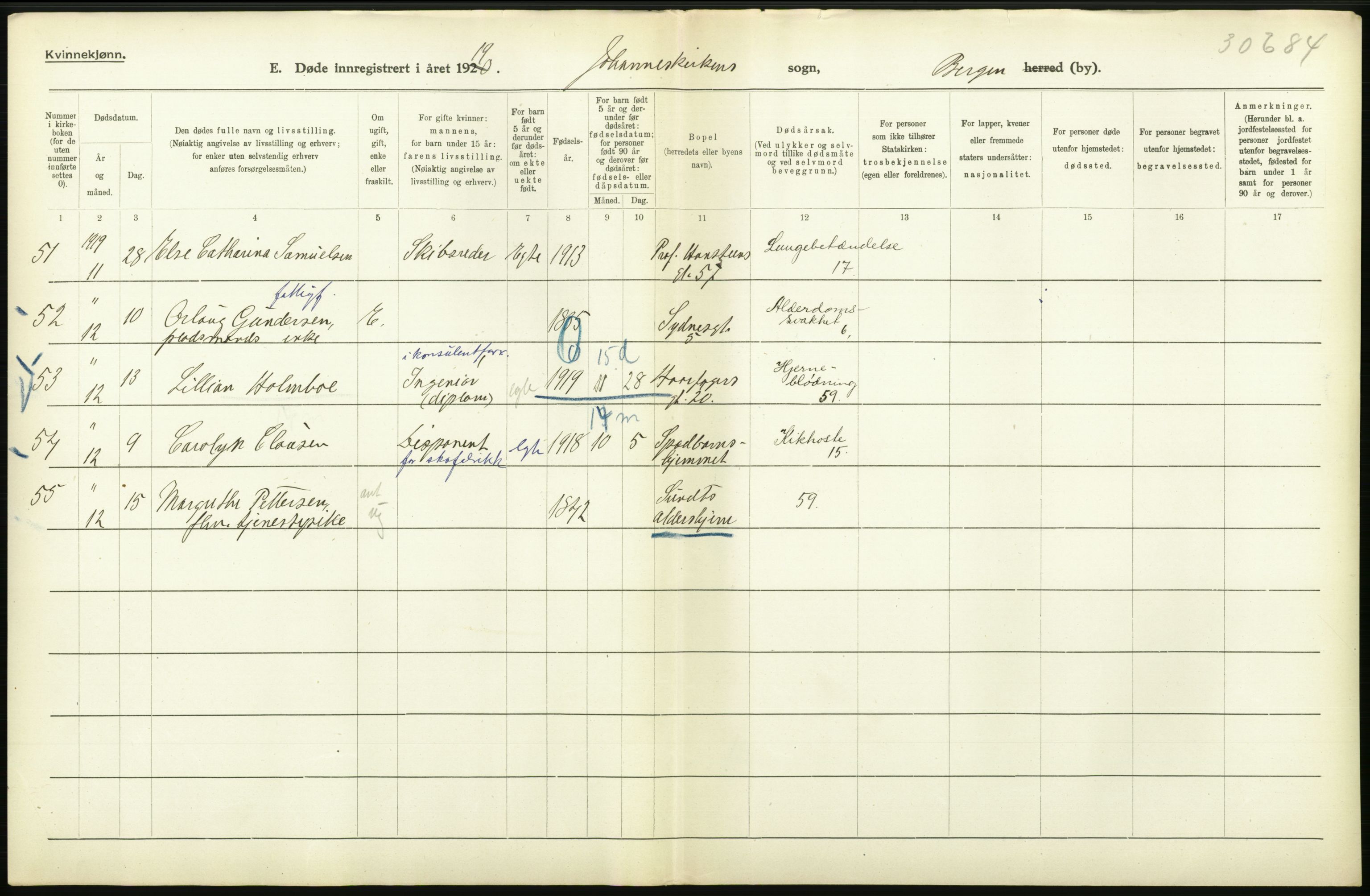 Statistisk sentralbyrå, Sosiodemografiske emner, Befolkning, RA/S-2228/D/Df/Dfb/Dfbi/L0035: Bergen: Gifte, døde, dødfødte., 1919, p. 612