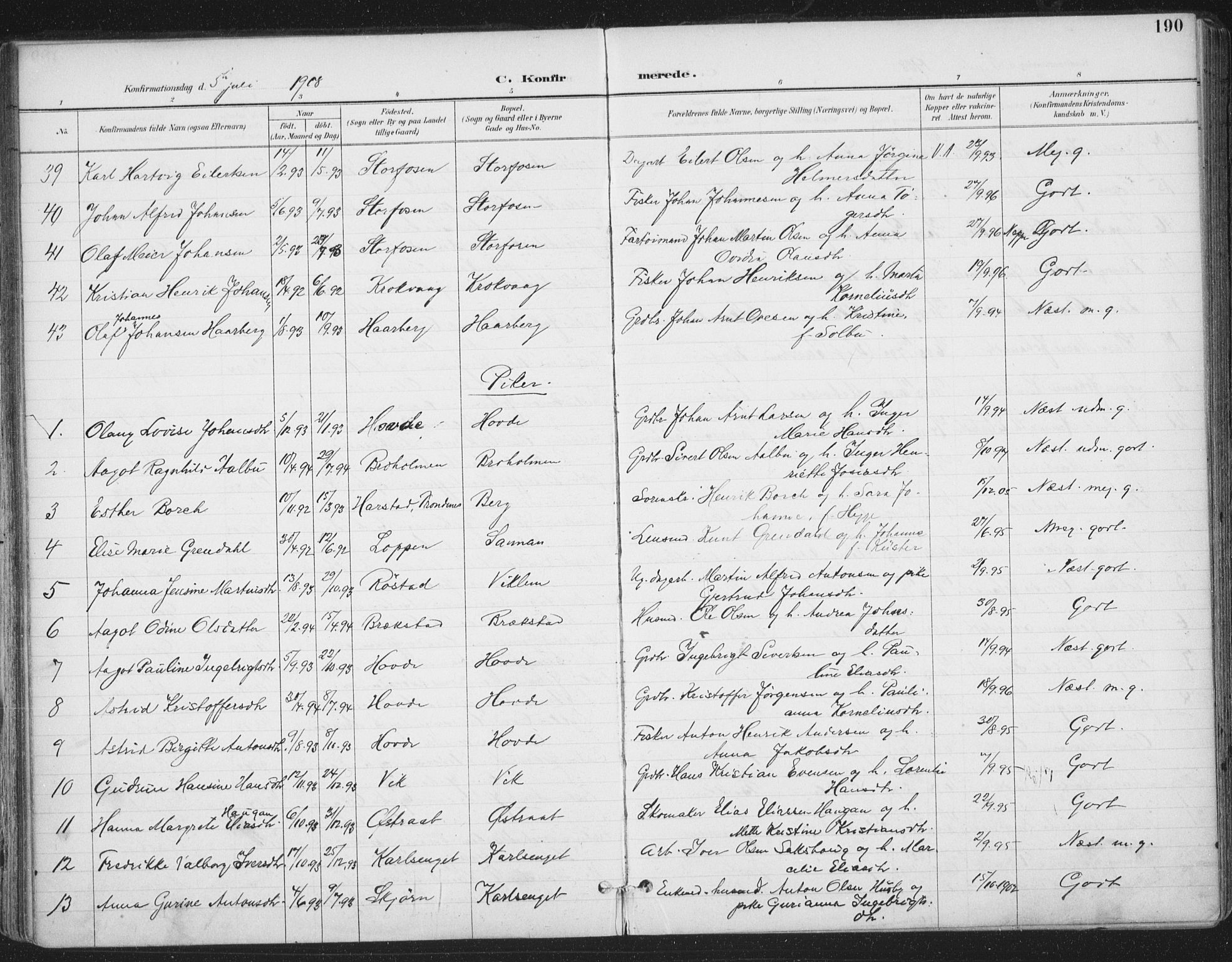 Ministerialprotokoller, klokkerbøker og fødselsregistre - Sør-Trøndelag, SAT/A-1456/659/L0743: Parish register (official) no. 659A13, 1893-1910, p. 190