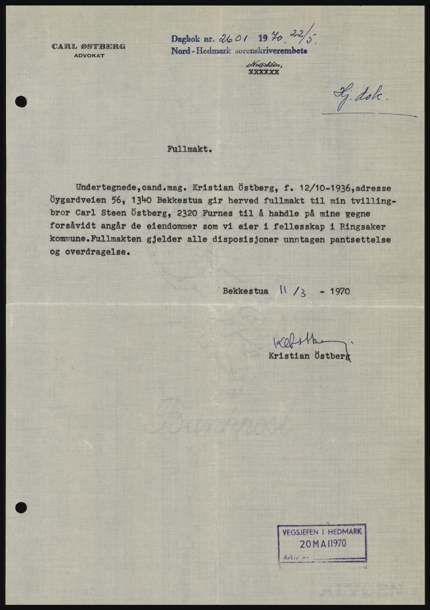 Nord-Hedmark sorenskriveri, SAH/TING-012/H/Hc/L0033: Mortgage book no. 33, 1970-1970, Diary no: : 2601/1970