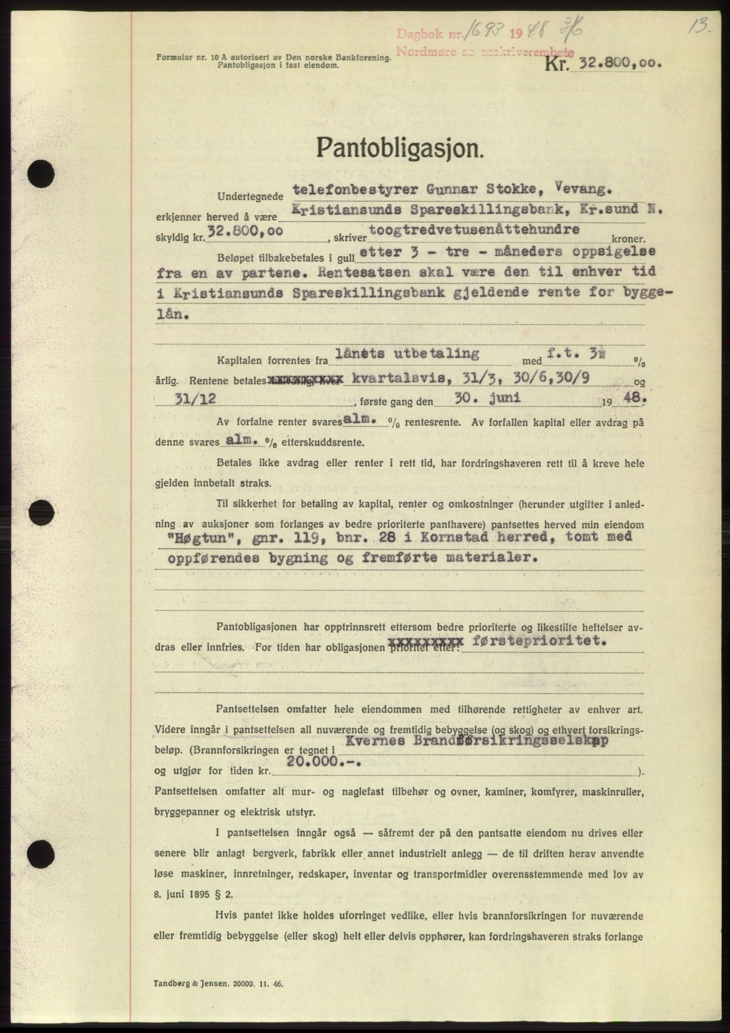 Nordmøre sorenskriveri, AV/SAT-A-4132/1/2/2Ca: Mortgage book no. B99, 1948-1948, Diary no: : 1693/1948