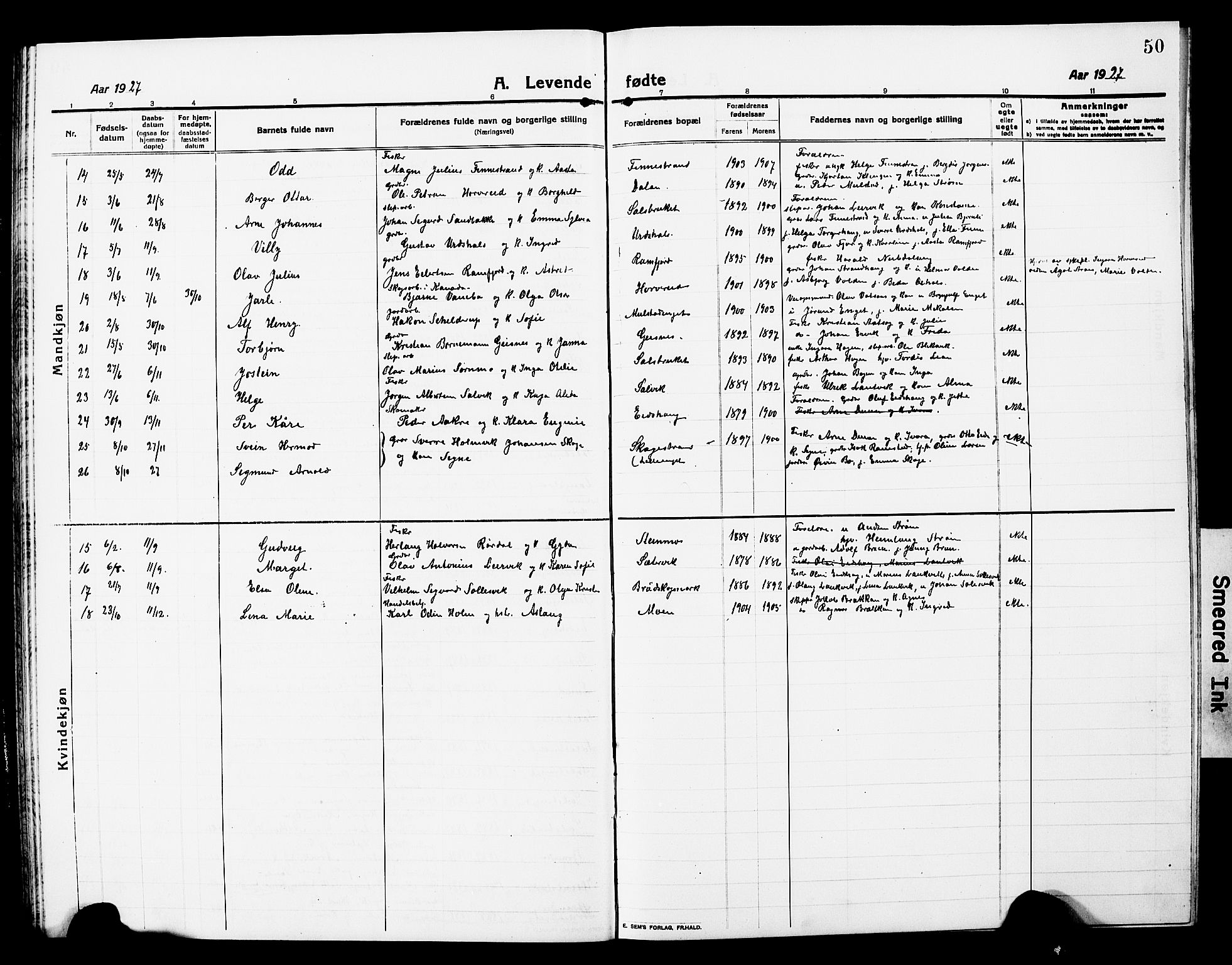Ministerialprotokoller, klokkerbøker og fødselsregistre - Nord-Trøndelag, SAT/A-1458/780/L0653: Parish register (copy) no. 780C05, 1911-1927, p. 50