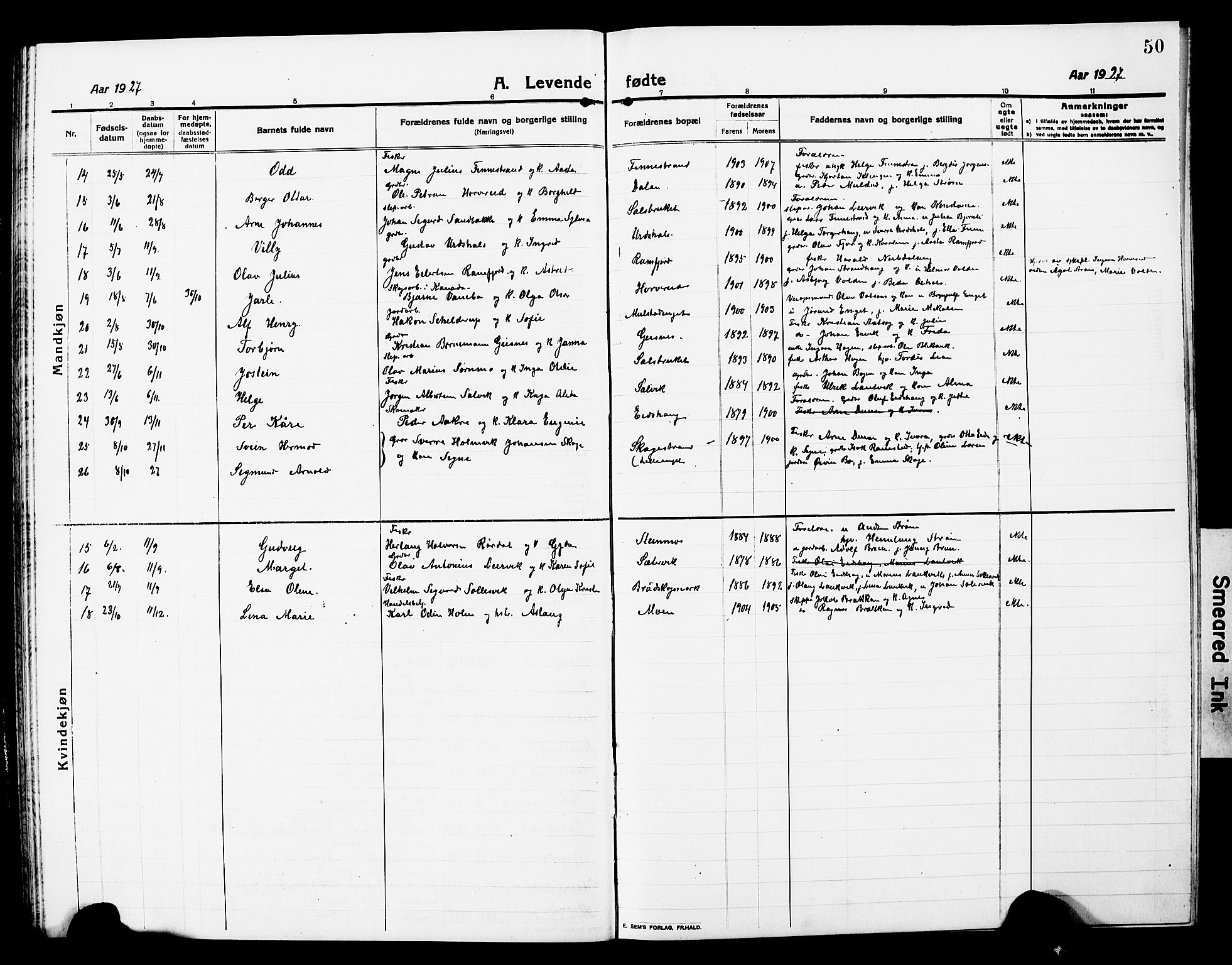Ministerialprotokoller, klokkerbøker og fødselsregistre - Nord-Trøndelag, AV/SAT-A-1458/780/L0653: Parish register (copy) no. 780C05, 1911-1927, p. 50