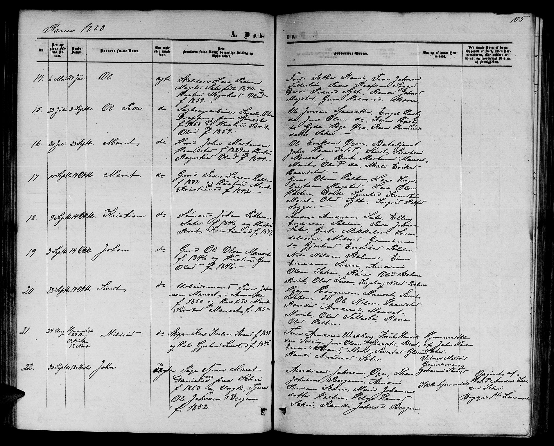 Ministerialprotokoller, klokkerbøker og fødselsregistre - Møre og Romsdal, SAT/A-1454/595/L1051: Parish register (copy) no. 595C03, 1866-1891, p. 105