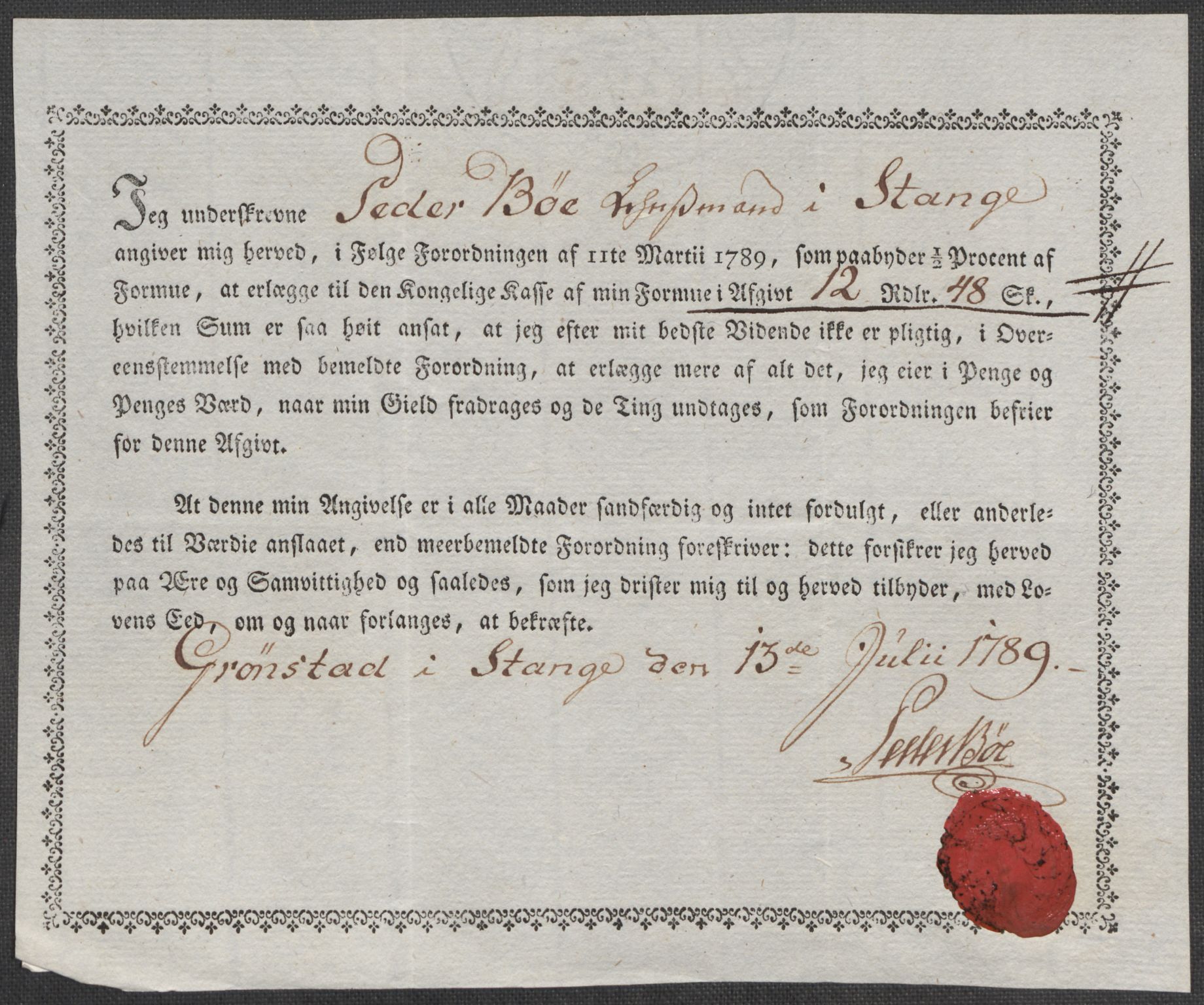 Rentekammeret inntil 1814, Reviderte regnskaper, Mindre regnskaper, AV/RA-EA-4068/Rf/Rfe/L0013: Hedmark fogderi, 1789, p. 342