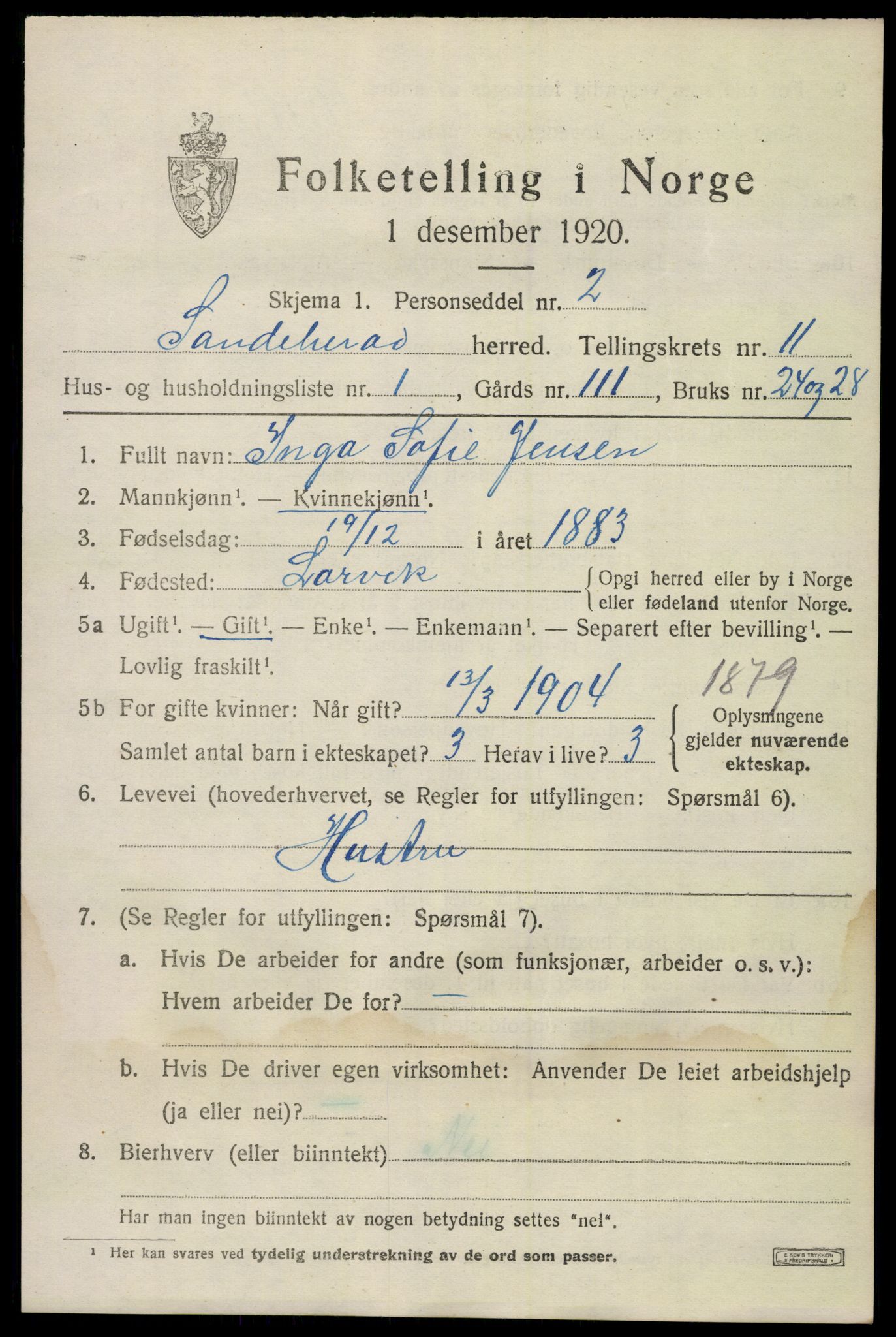 SAKO, 1920 census for Sandeherred, 1920, p. 15544