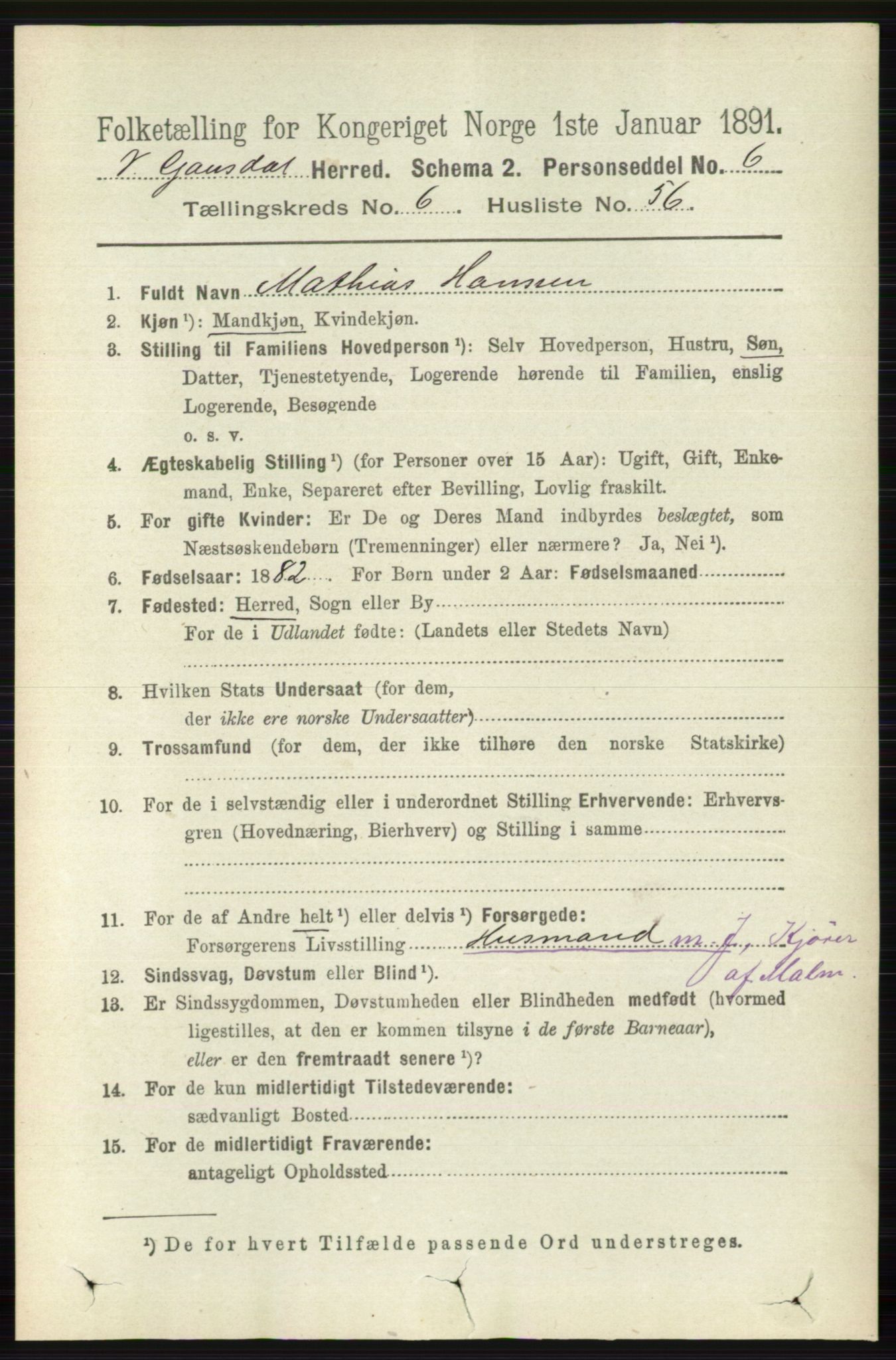 RA, 1891 census for 0523 Vestre Gausdal, 1891, p. 2860