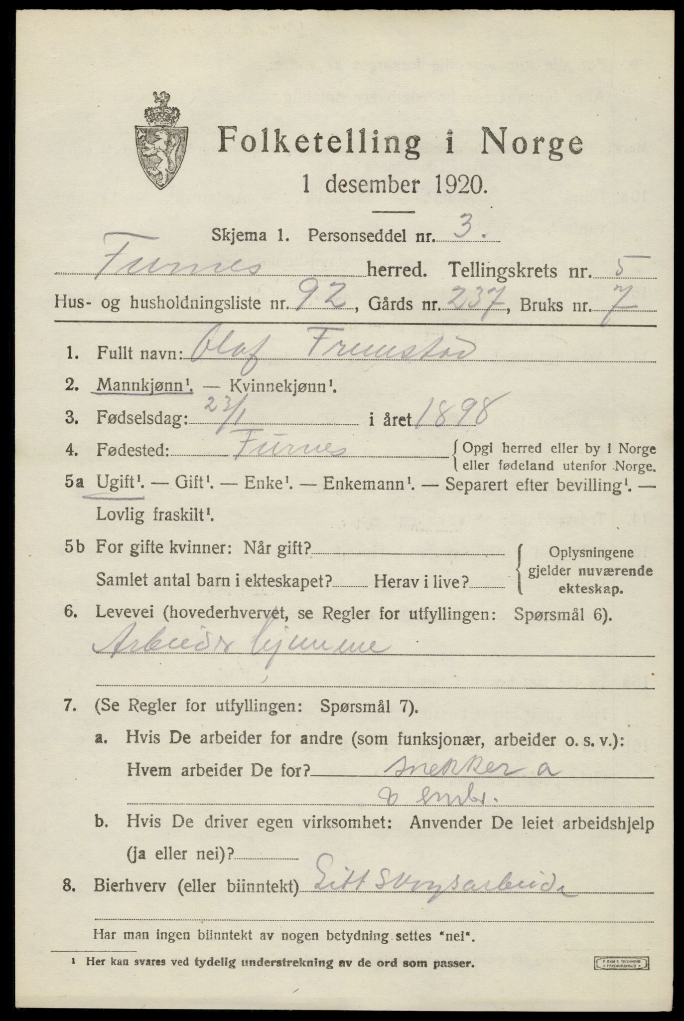 SAH, 1920 census for Furnes, 1920, p. 8169