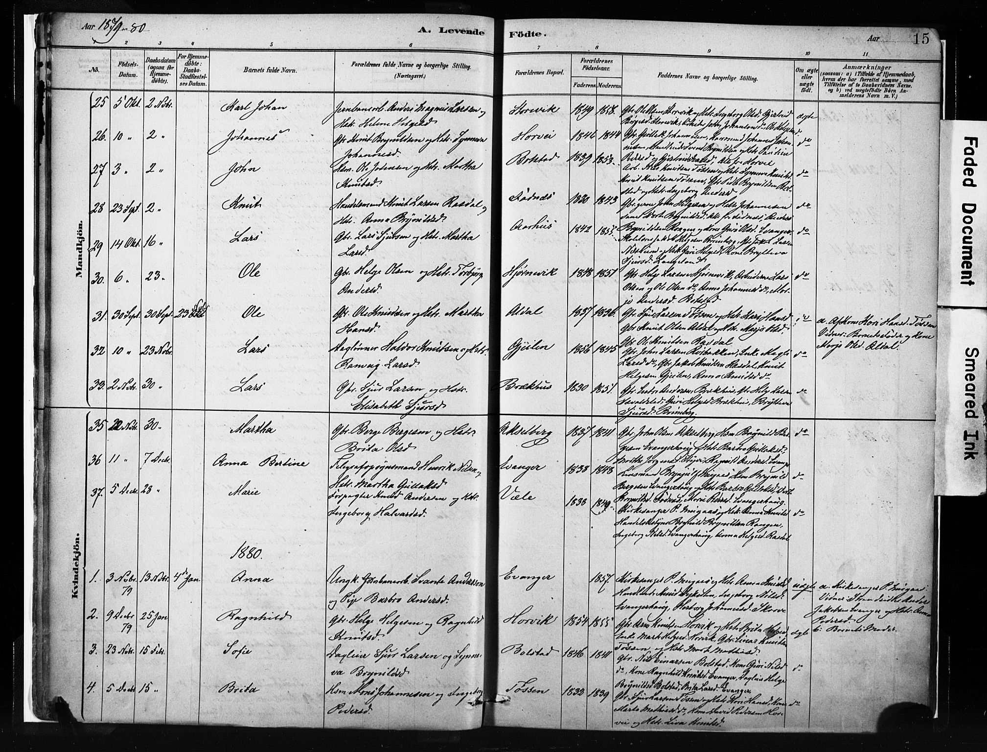 Evanger sokneprestembete, SAB/A-99924: Parish register (official) no. A 1, 1877-1899, p. 15