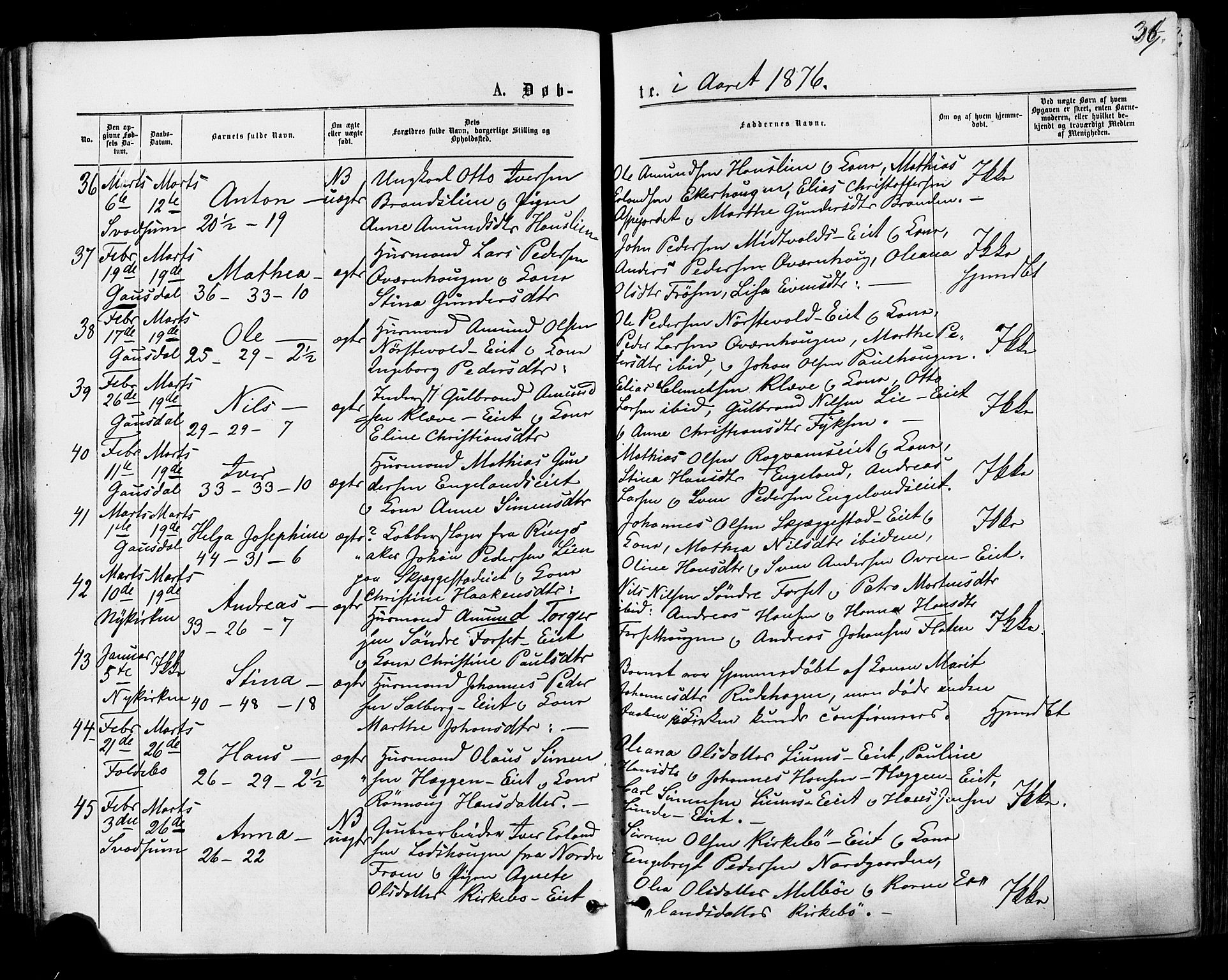 Østre Gausdal prestekontor, AV/SAH-PREST-092/H/Ha/Haa/L0001: Parish register (official) no. 1, 1874-1886, p. 36
