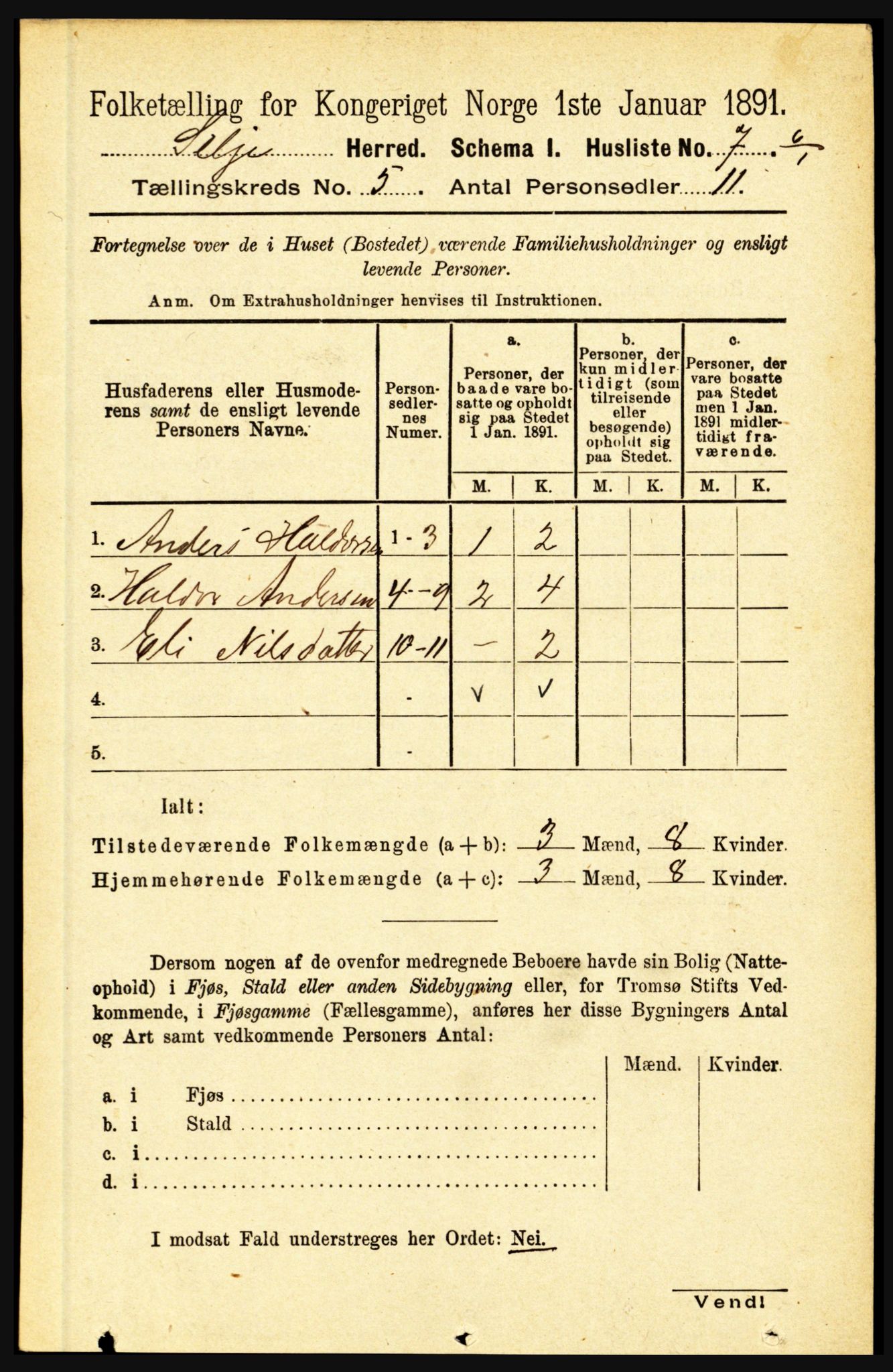 RA, 1891 census for 1441 Selje, 1891, p. 1358