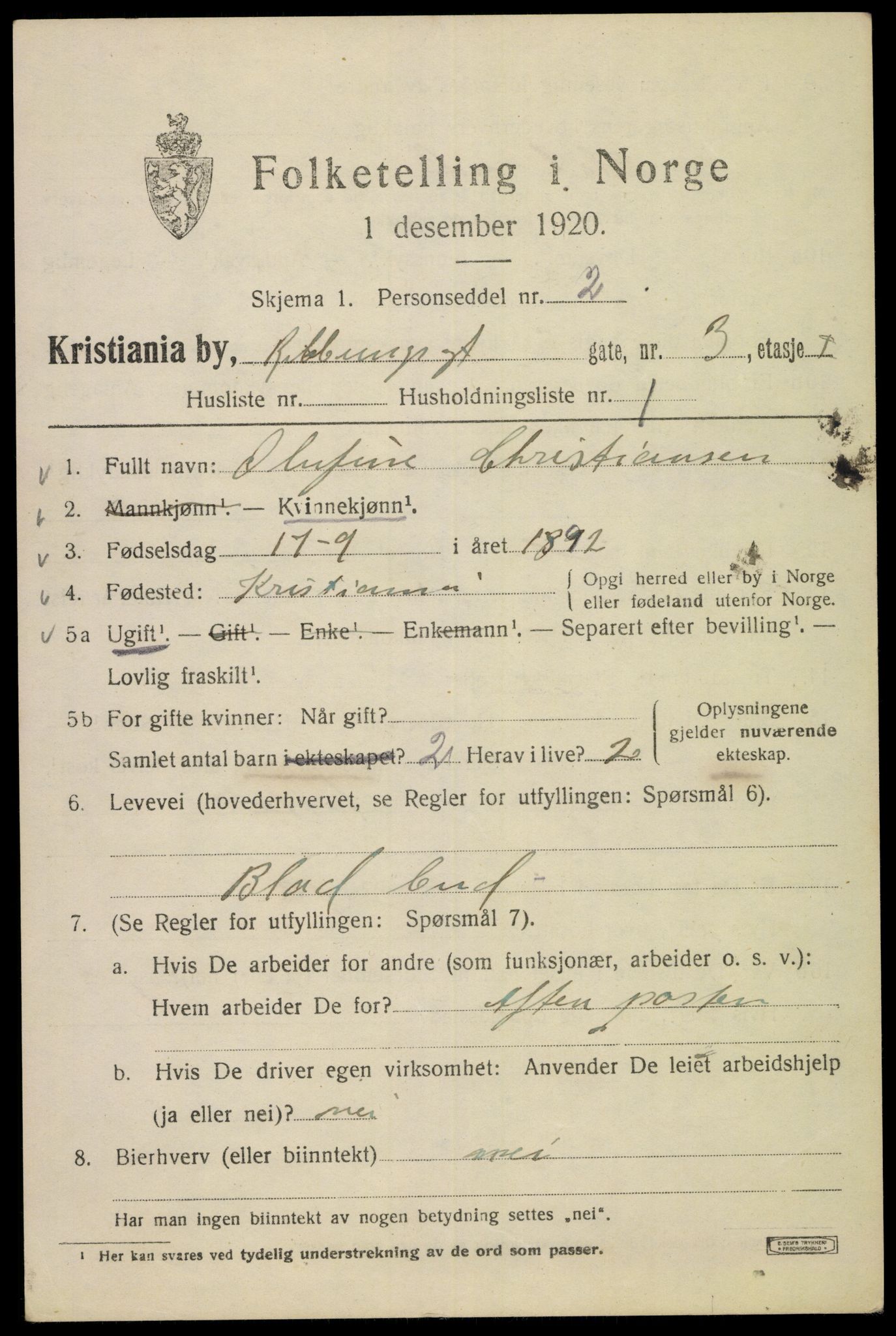 SAO, 1920 census for Kristiania, 1920, p. 462039