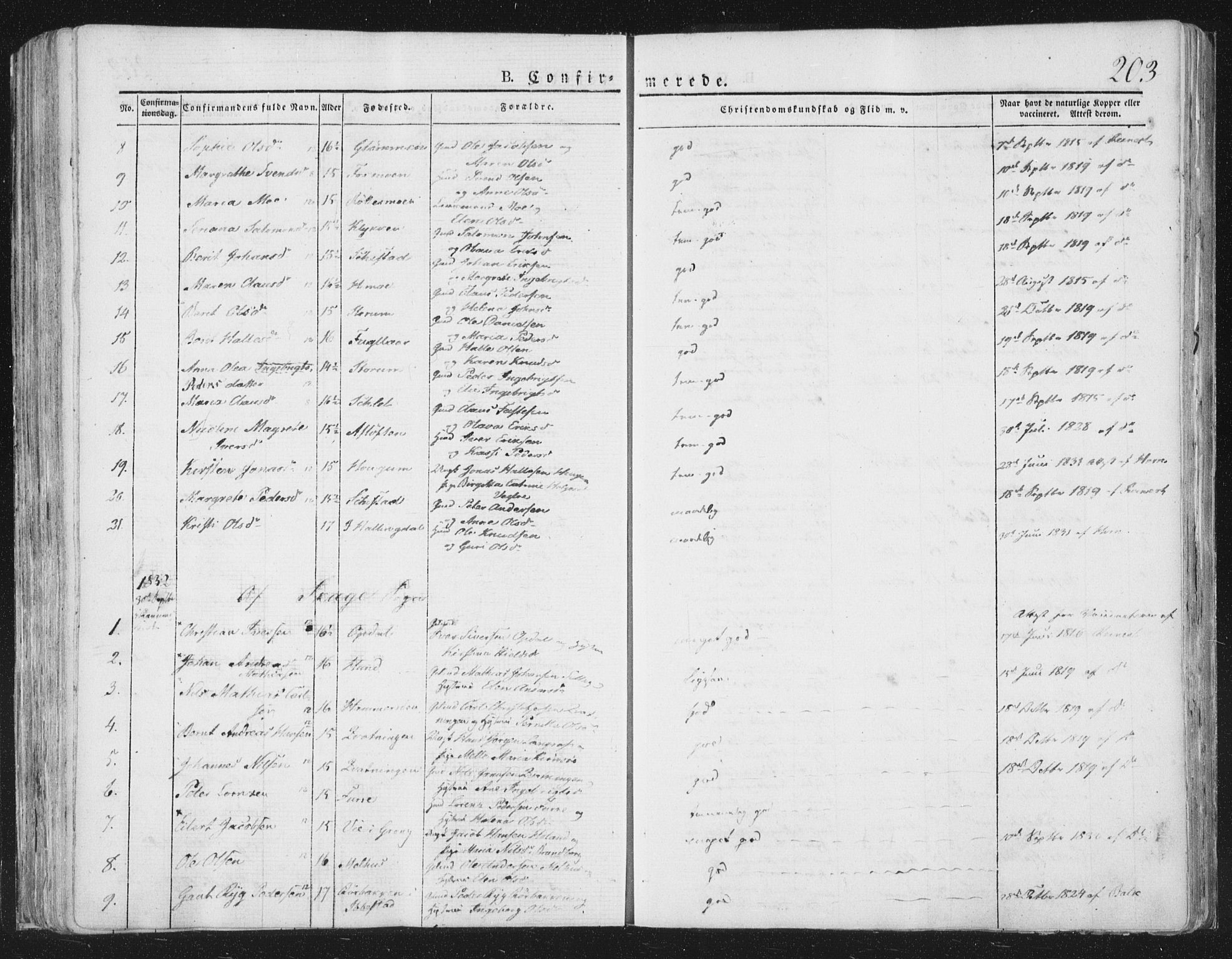 Ministerialprotokoller, klokkerbøker og fødselsregistre - Nord-Trøndelag, SAT/A-1458/764/L0551: Parish register (official) no. 764A07a, 1824-1864, p. 203