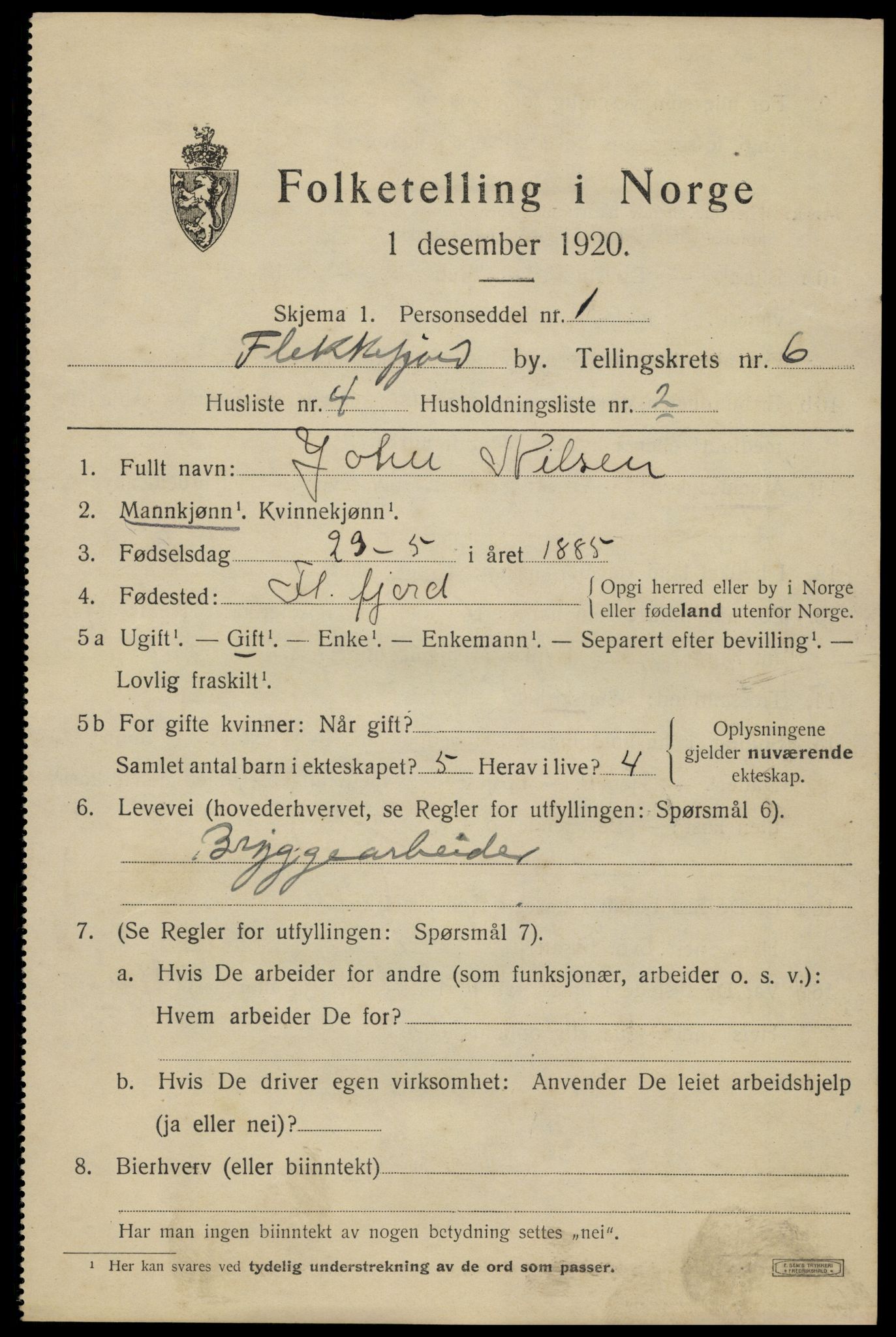 SAK, 1920 census for Flekkefjord, 1920, p. 5790