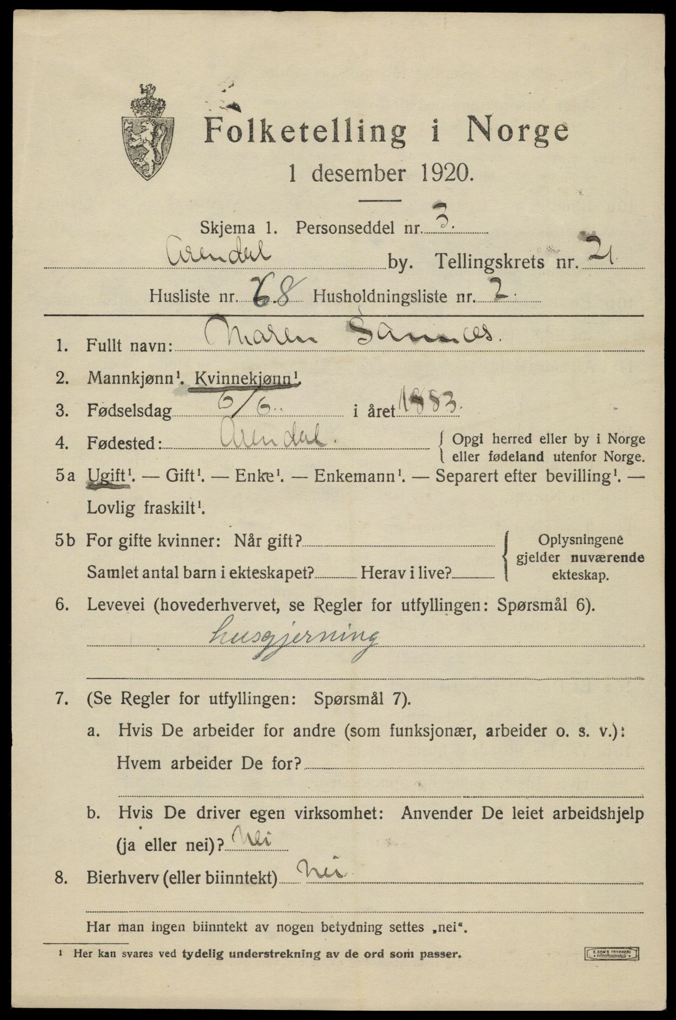 SAK, 1920 census for Arendal, 1920, p. 28124