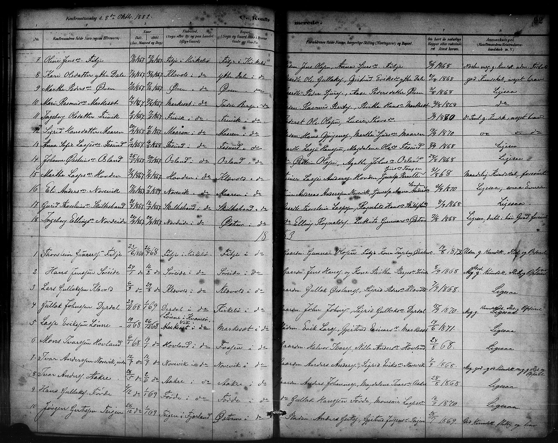 Lavik sokneprestembete, AV/SAB-A-80901: Parish register (copy) no. B 3, 1882-1913, p. 92