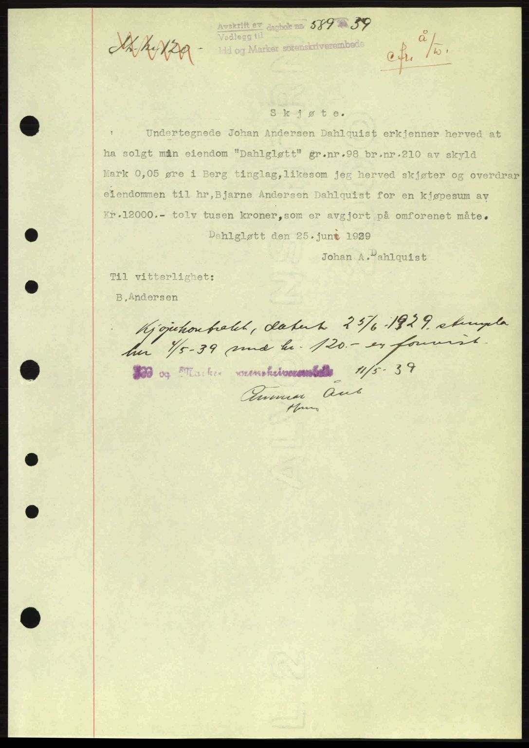 Idd og Marker sorenskriveri, AV/SAO-A-10283/G/Gb/Gbb/L0003: Mortgage book no. A3, 1938-1939, Diary no: : 589/1939