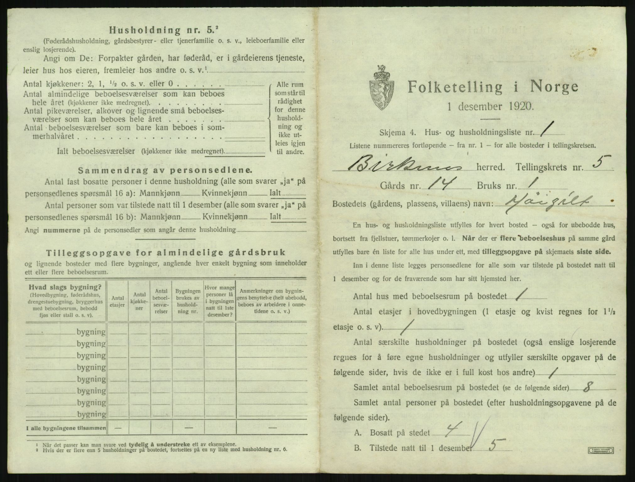 SAK, 1920 census for Birkenes, 1920, p. 445