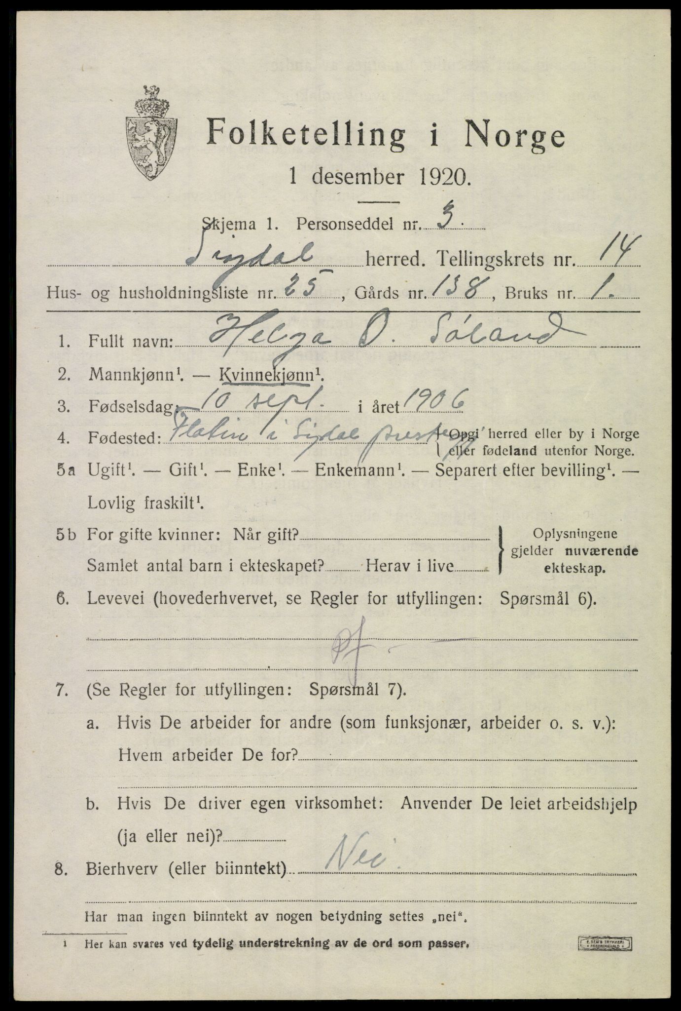 SAKO, 1920 census for Sigdal, 1920, p. 8876