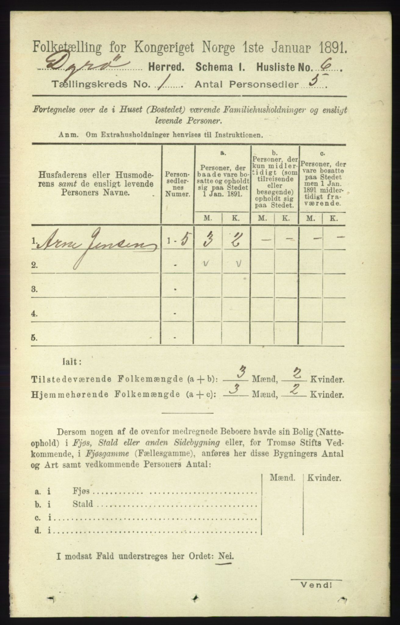 RA, 1891 census for 1926 Dyrøy, 1891, p. 21