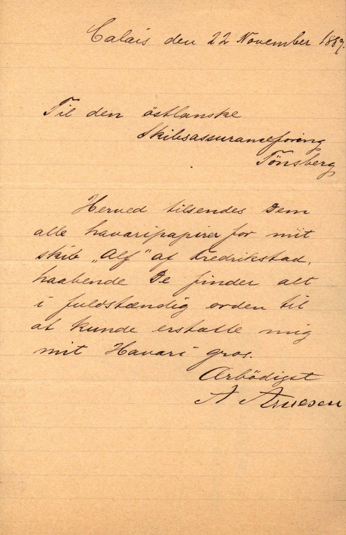 Pa 63 - Østlandske skibsassuranceforening, VEMU/A-1079/G/Ga/L0021/0011: Havaridokumenter / Punctum, Alf, Albatros, Alf av Tønsberg, 1888-1889, p. 8