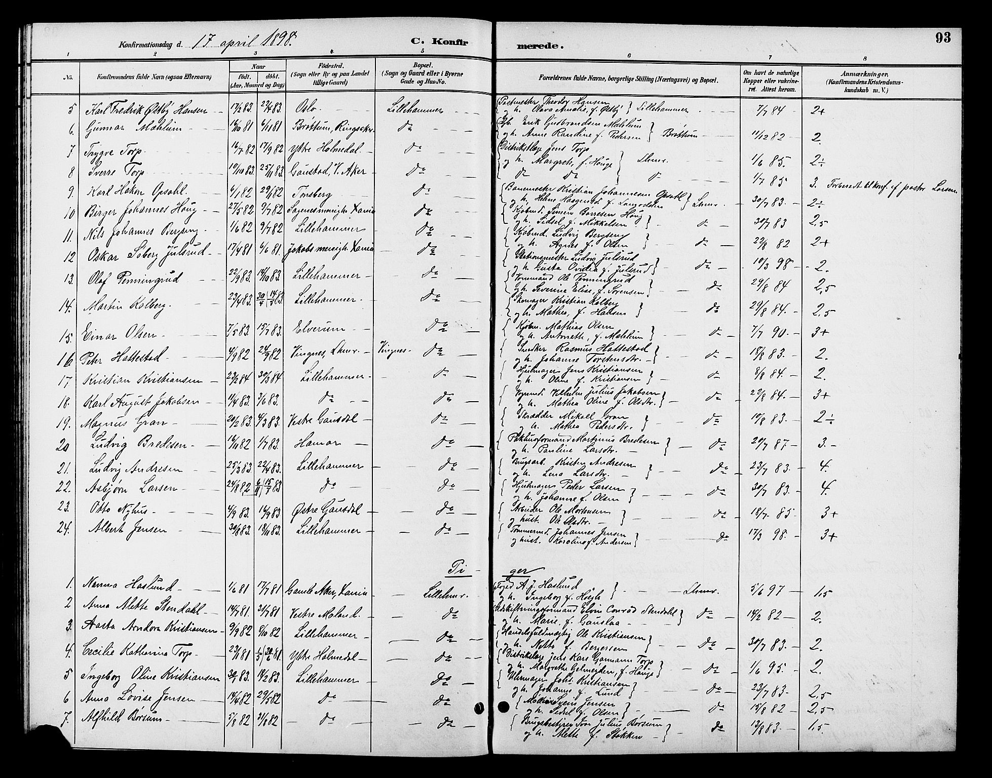 Fåberg prestekontor, SAH/PREST-086/H/Ha/Hab/L0008: Parish register (copy) no. 8, 1891-1900, p. 93