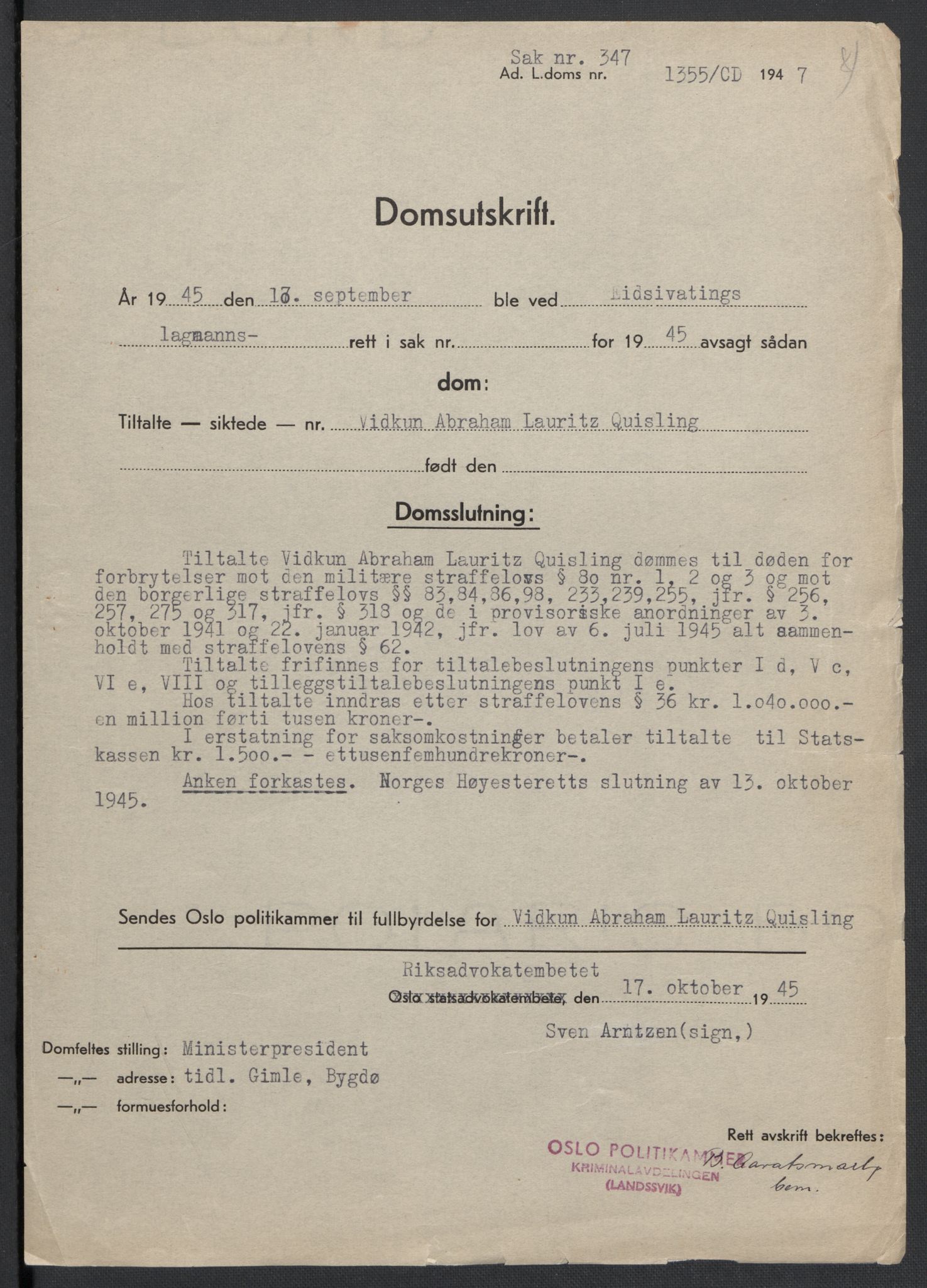 Landssvikarkivet, Oslo politikammer, AV/RA-S-3138-01/D/Da/L0003: Dnr. 29, 1945, p. 3589