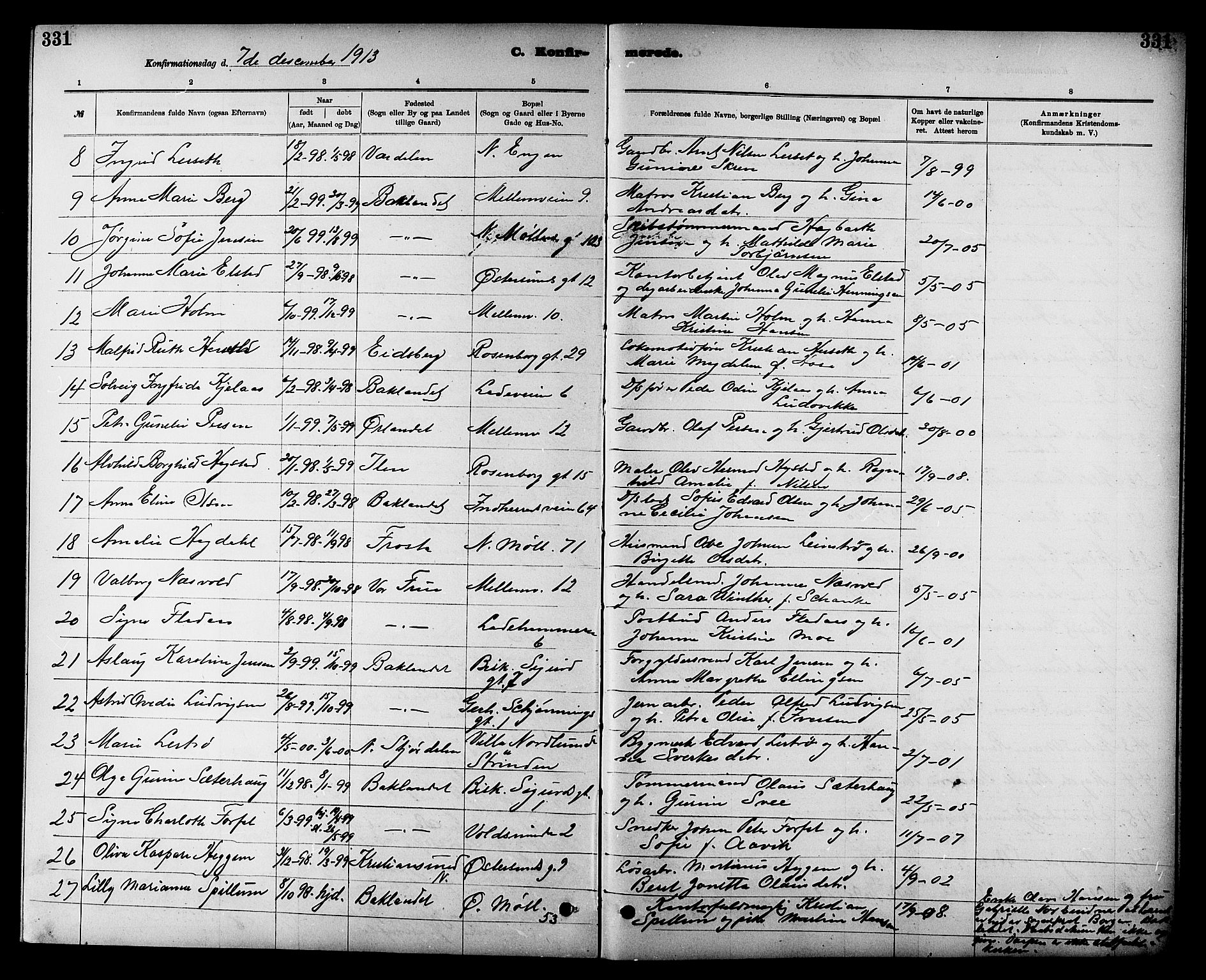 Ministerialprotokoller, klokkerbøker og fødselsregistre - Sør-Trøndelag, AV/SAT-A-1456/605/L0254: Parish register (copy) no. 605C01, 1908-1916, p. 331