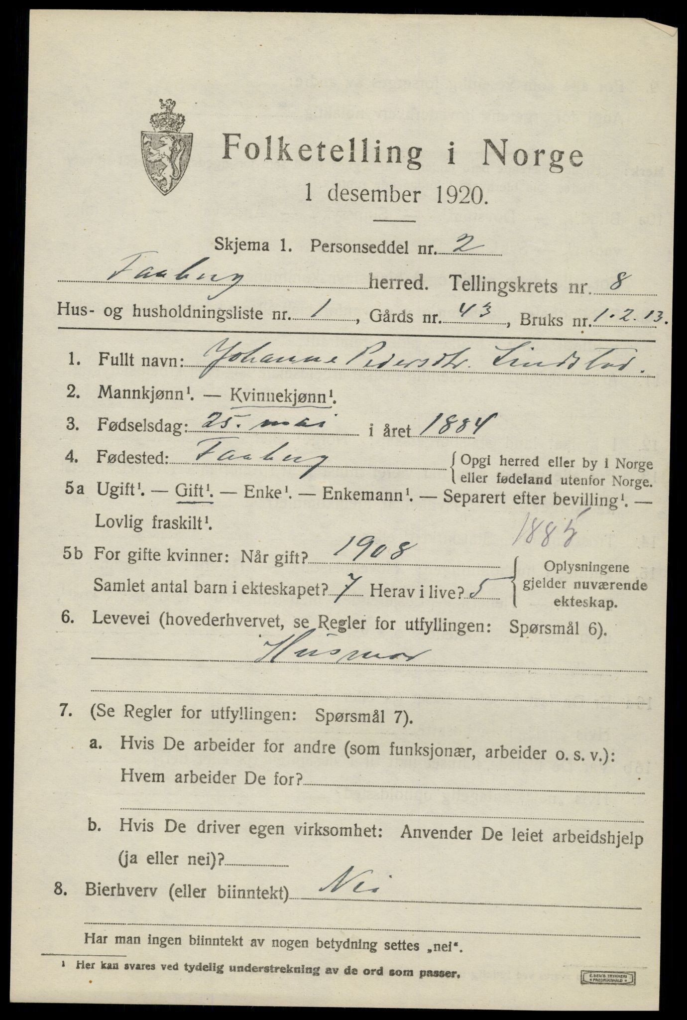 SAH, 1920 census for Fåberg, 1920, p. 9212