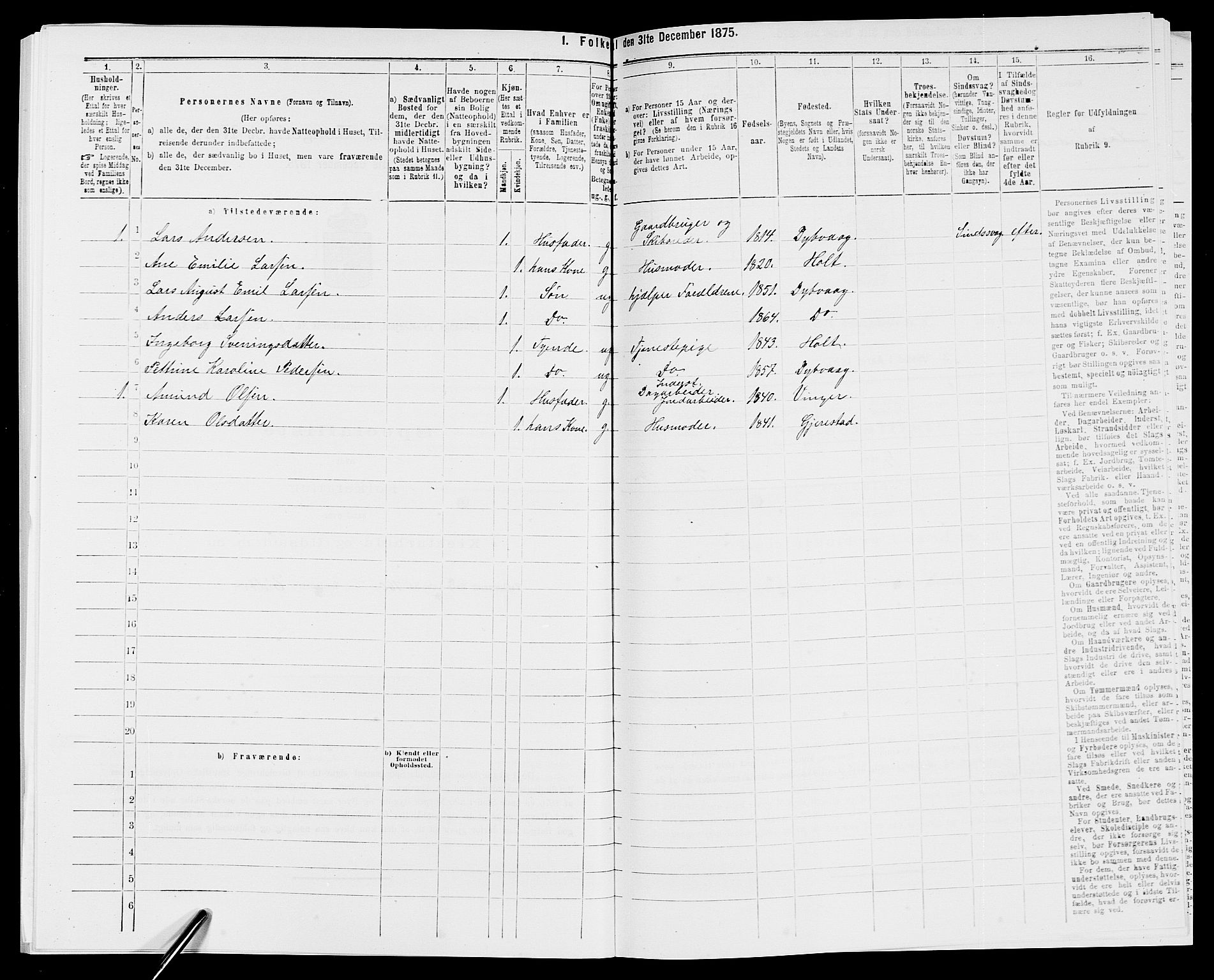 SAK, 1875 census for 0915P Dypvåg, 1875, p. 1098