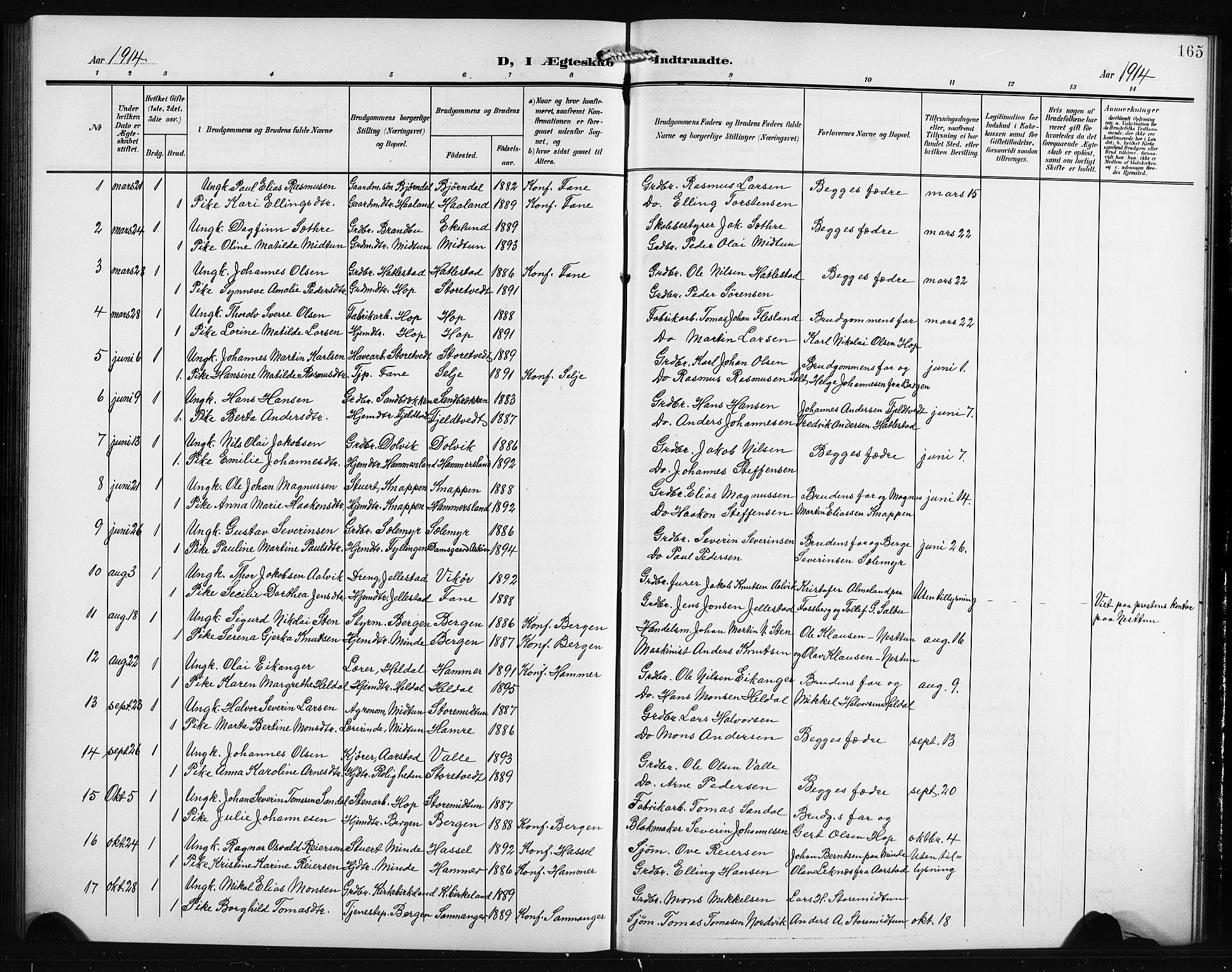 Birkeland Sokneprestembete, SAB/A-74601/H/Hab: Parish register (copy) no. A 6, 1906-1915, p. 165