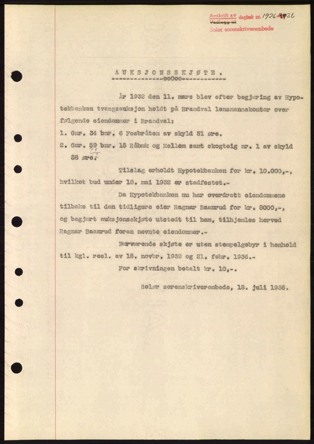 Solør tingrett, SAH/TING-008/H/Hb/Hbc/L0001: Mortgage book no. A1-A4, 1936-1938, Diary no: : 1926/1936