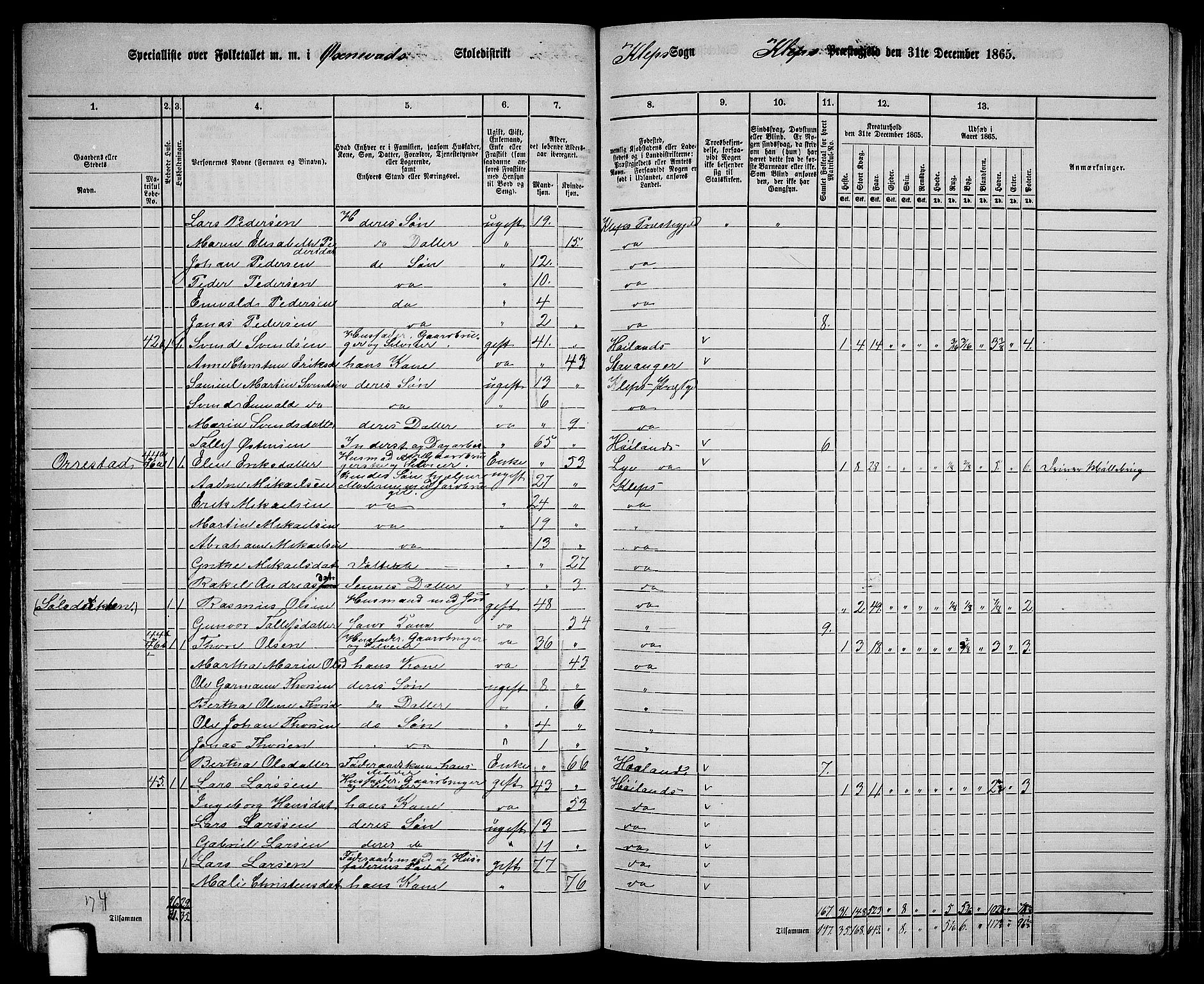 RA, 1865 census for Klepp, 1865, p. 36
