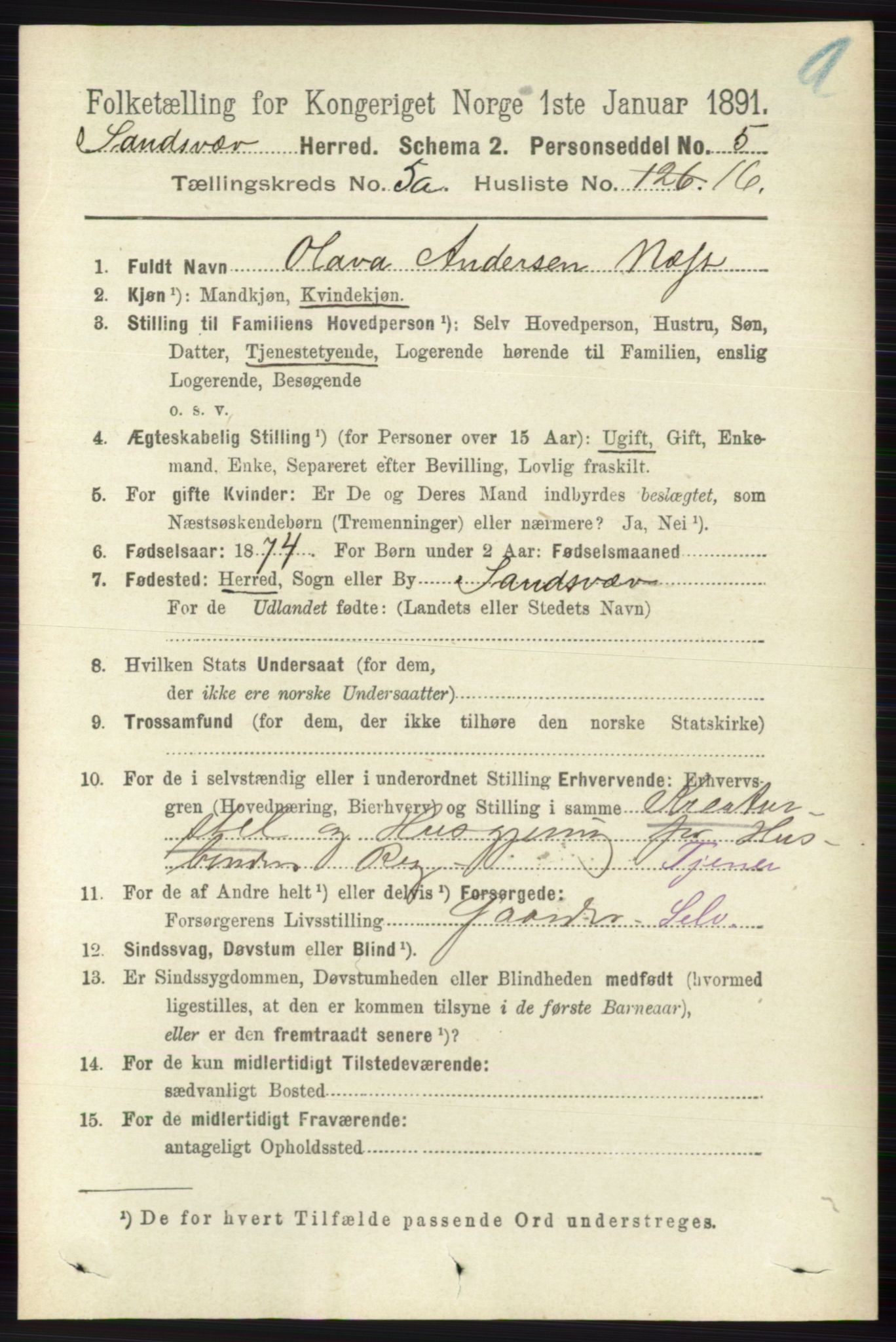 RA, 1891 census for 0629 Sandsvær, 1891, p. 2579