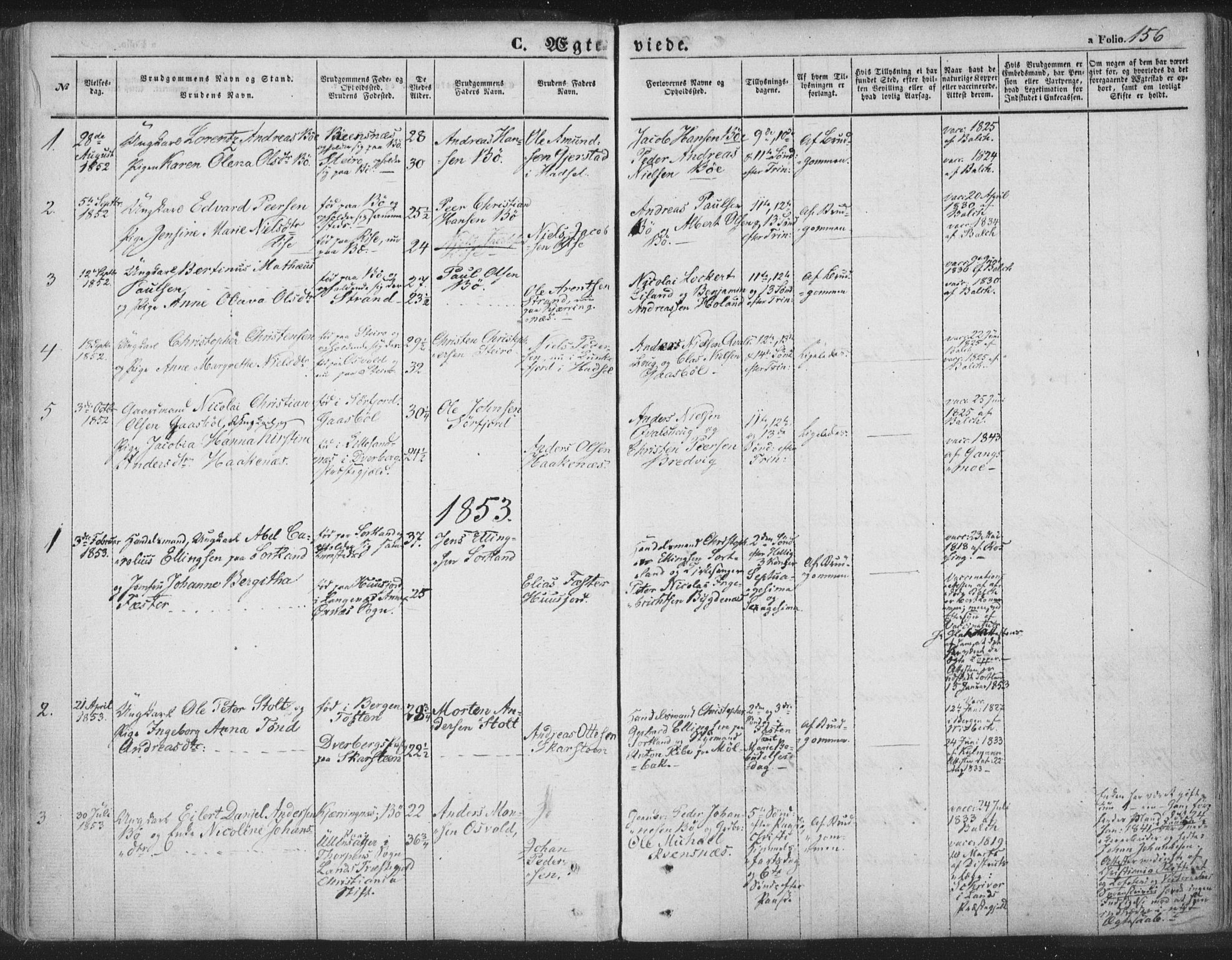 Ministerialprotokoller, klokkerbøker og fødselsregistre - Nordland, SAT/A-1459/895/L1369: Parish register (official) no. 895A04, 1852-1872, p. 156