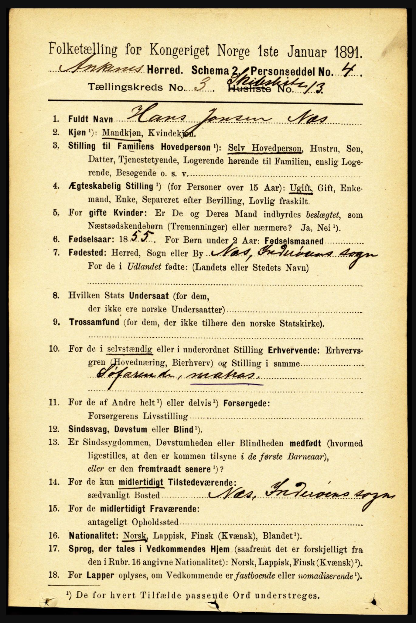 RA, 1891 census for 1855 Ankenes, 1891, p. 2252