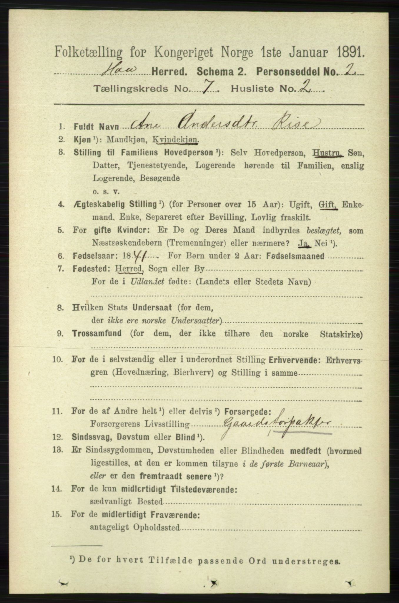 RA, 1891 census for 1119 Hå, 1891, p. 1922