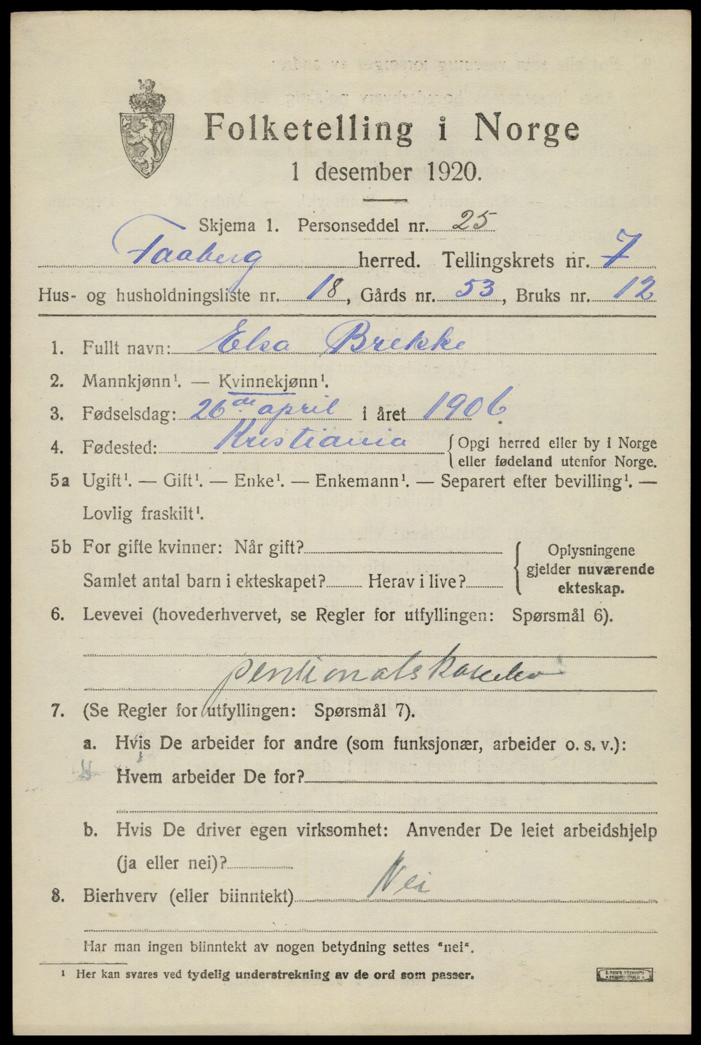 SAH, 1920 census for Fåberg, 1920, p. 8118