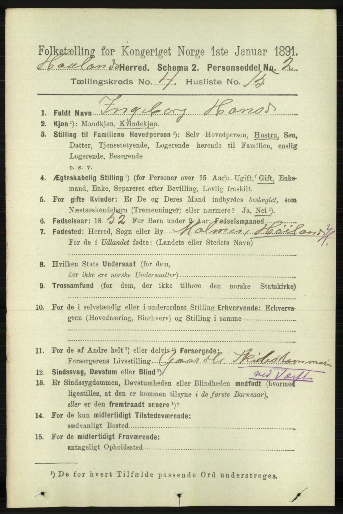 RA, 1891 census for 1124 Haaland, 1891, p. 2502