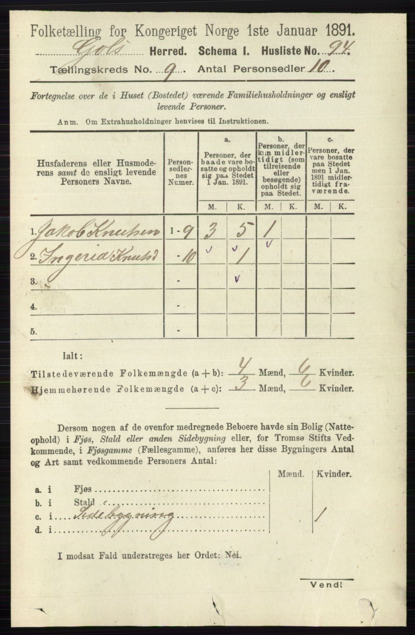 RA, 1891 census for 0617 Gol og Hemsedal, 1891, p. 3393