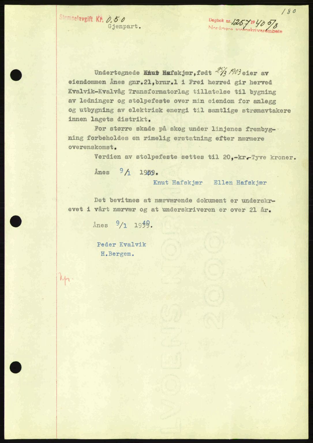 Nordmøre sorenskriveri, AV/SAT-A-4132/1/2/2Ca: Mortgage book no. B87, 1940-1941, Diary no: : 1257/1940