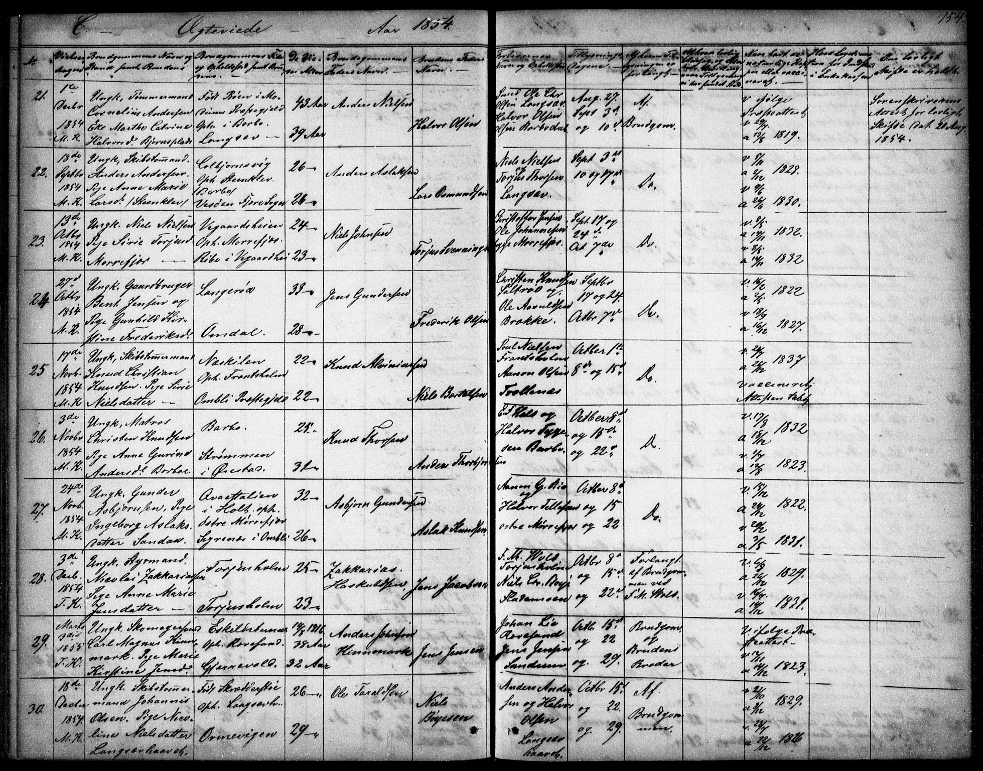 Tromøy sokneprestkontor, AV/SAK-1111-0041/F/Fb/L0002: Parish register (copy) no. B 2, 1851-1858, p. 154