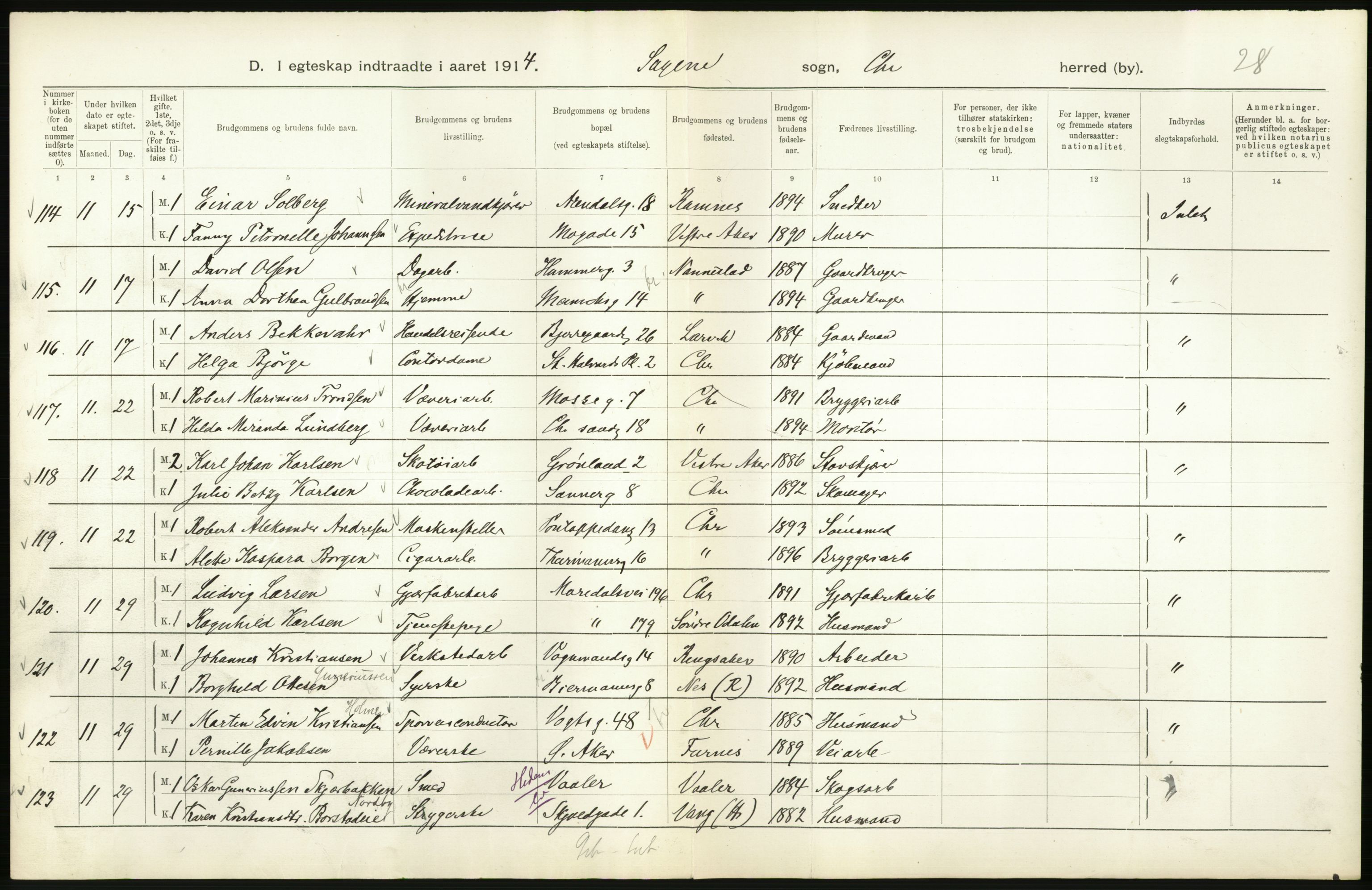 Statistisk sentralbyrå, Sosiodemografiske emner, Befolkning, AV/RA-S-2228/D/Df/Dfb/Dfbd/L0007: Kristiania: Gifte, 1914, p. 182