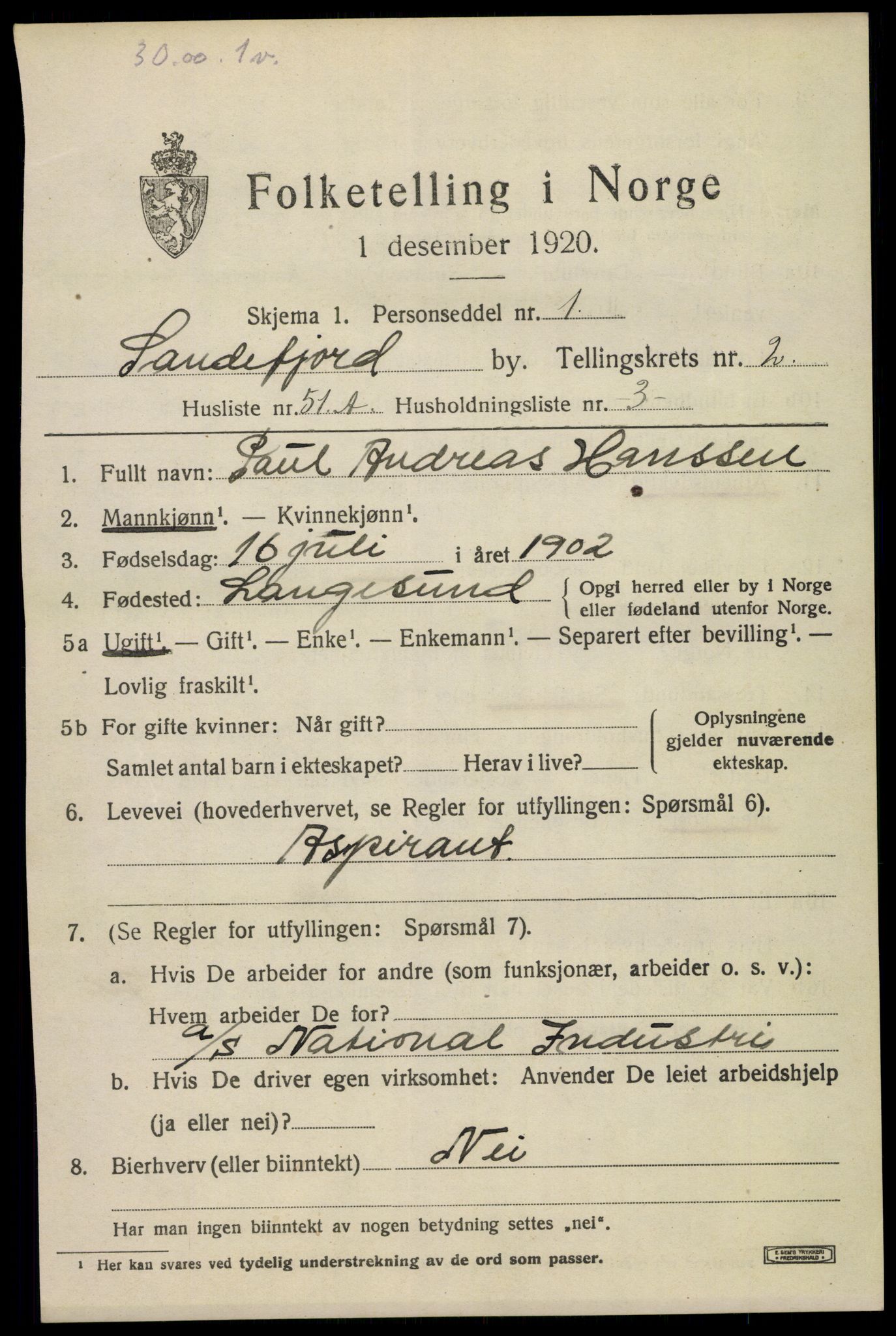 SAKO, 1920 census for Sandefjord, 1920, p. 6386