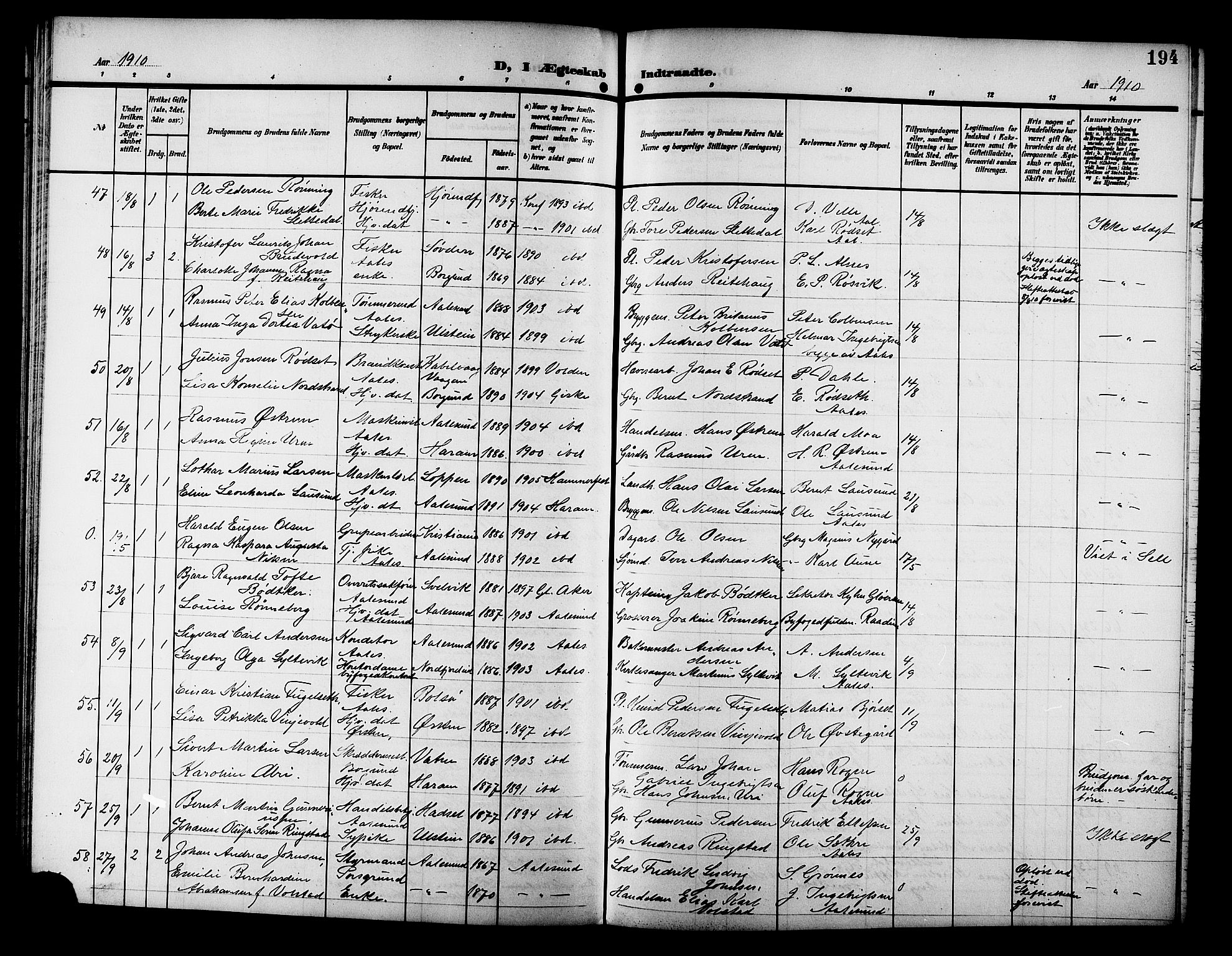 Ministerialprotokoller, klokkerbøker og fødselsregistre - Møre og Romsdal, AV/SAT-A-1454/529/L0470: Parish register (copy) no. 529C07, 1907-1917, p. 194