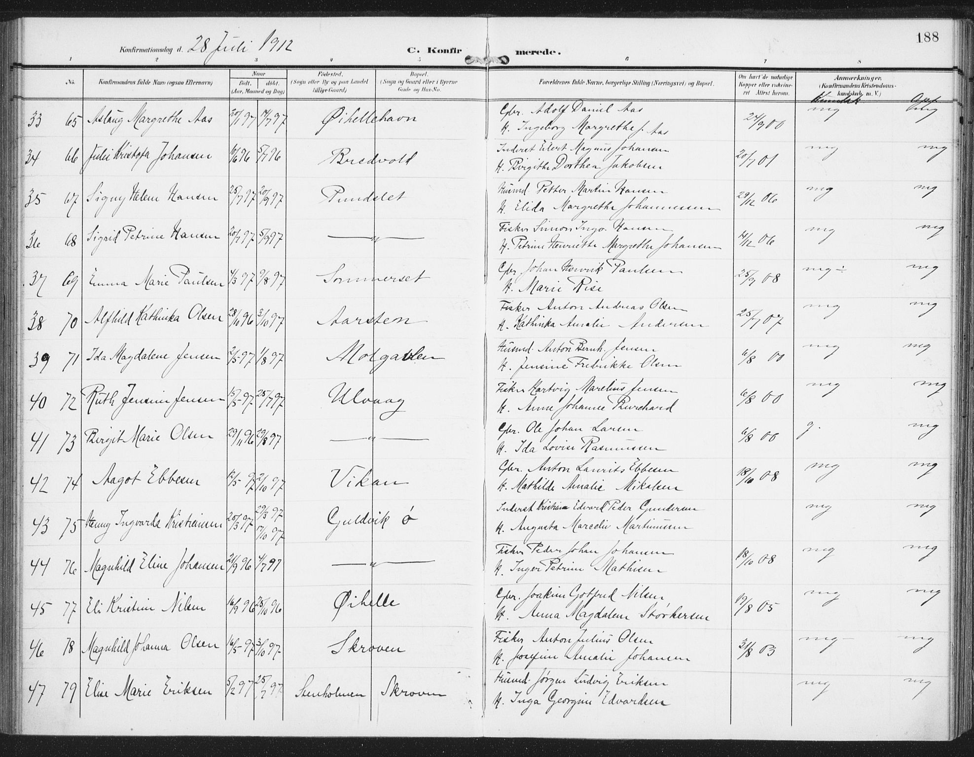 Ministerialprotokoller, klokkerbøker og fødselsregistre - Nordland, AV/SAT-A-1459/874/L1063: Parish register (official) no. 874A07, 1907-1915, p. 188