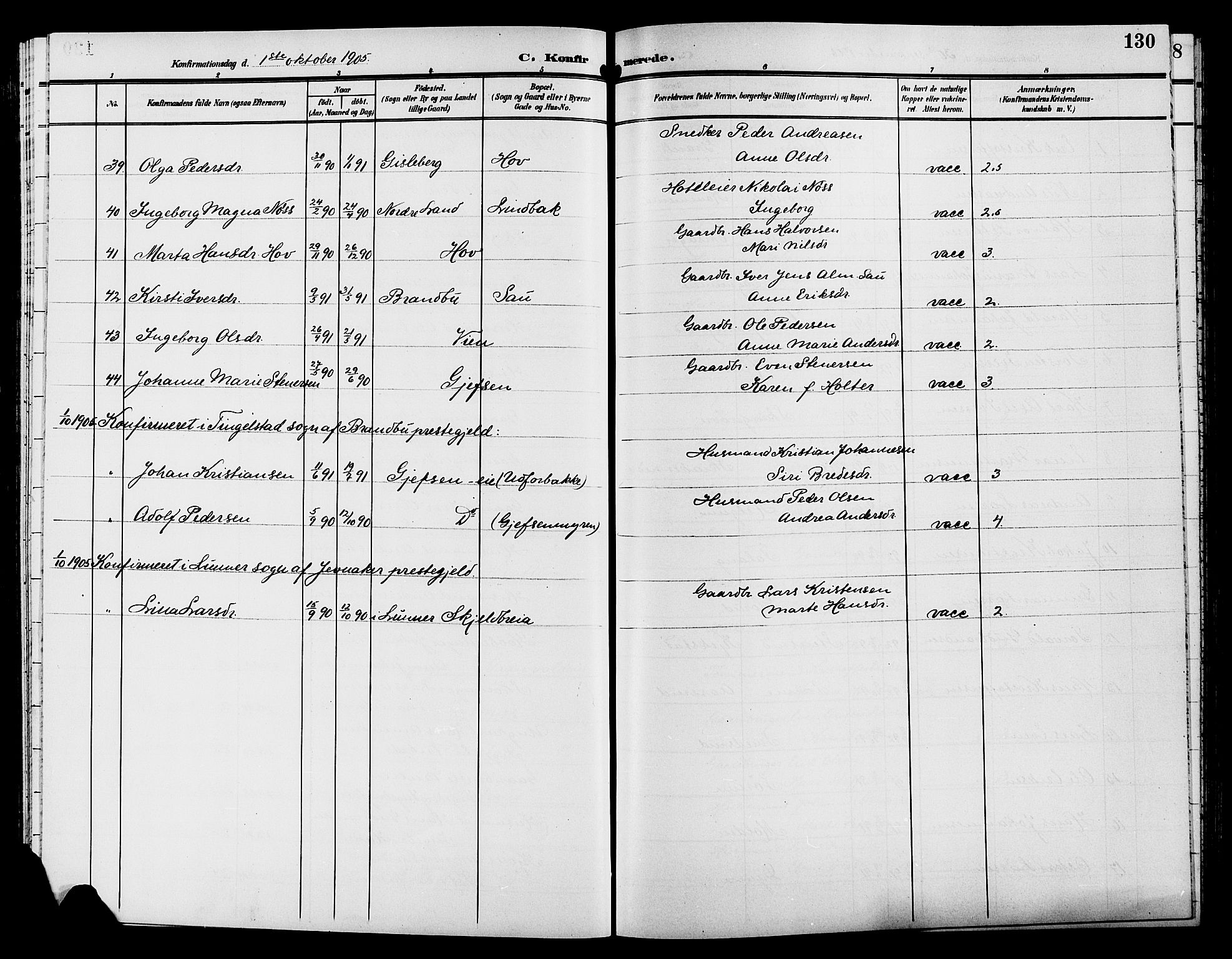 Gran prestekontor, AV/SAH-PREST-112/H/Ha/Hab/L0006: Parish register (copy) no. 6, 1901-1911, p. 130