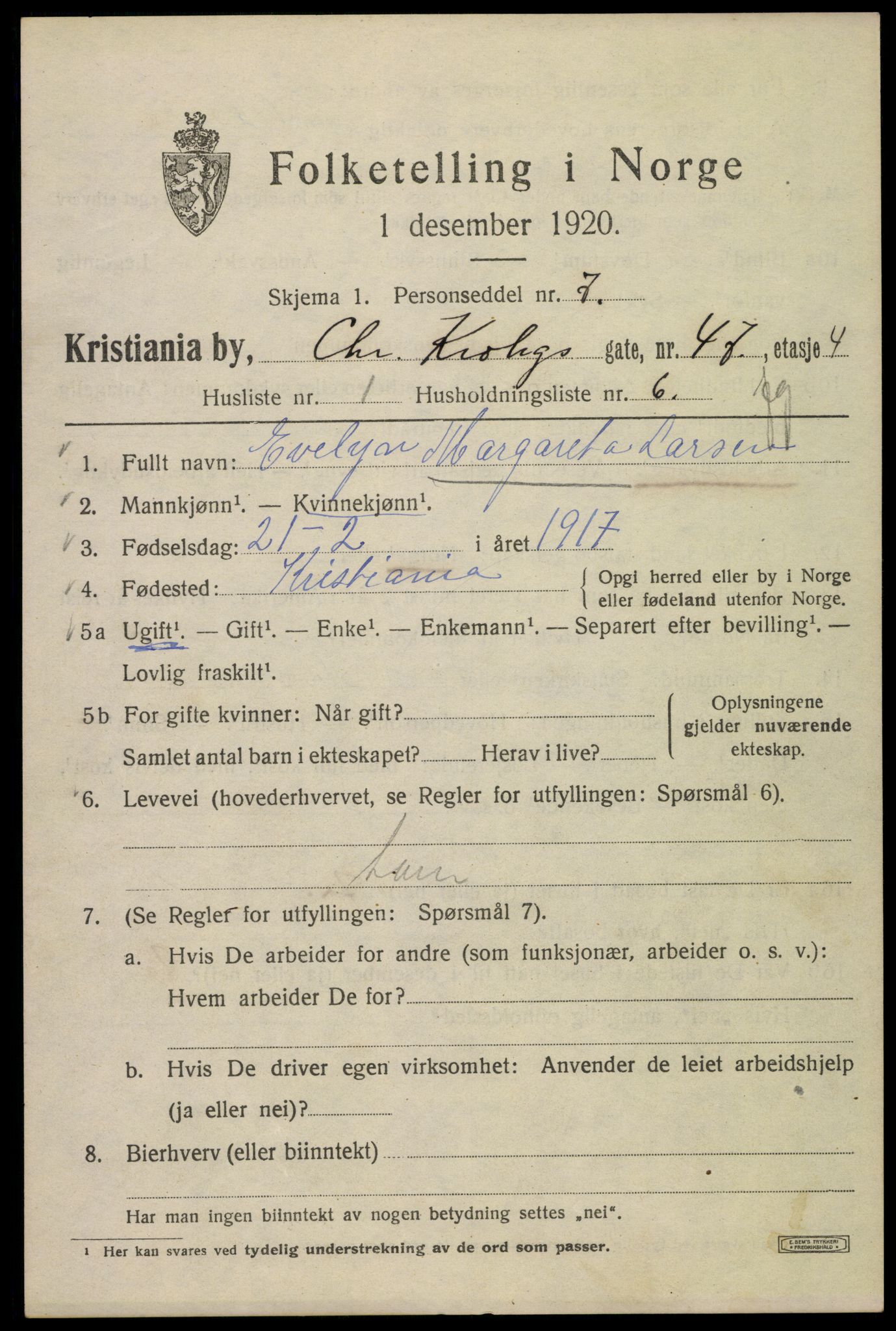 SAO, 1920 census for Kristiania, 1920, p. 184613