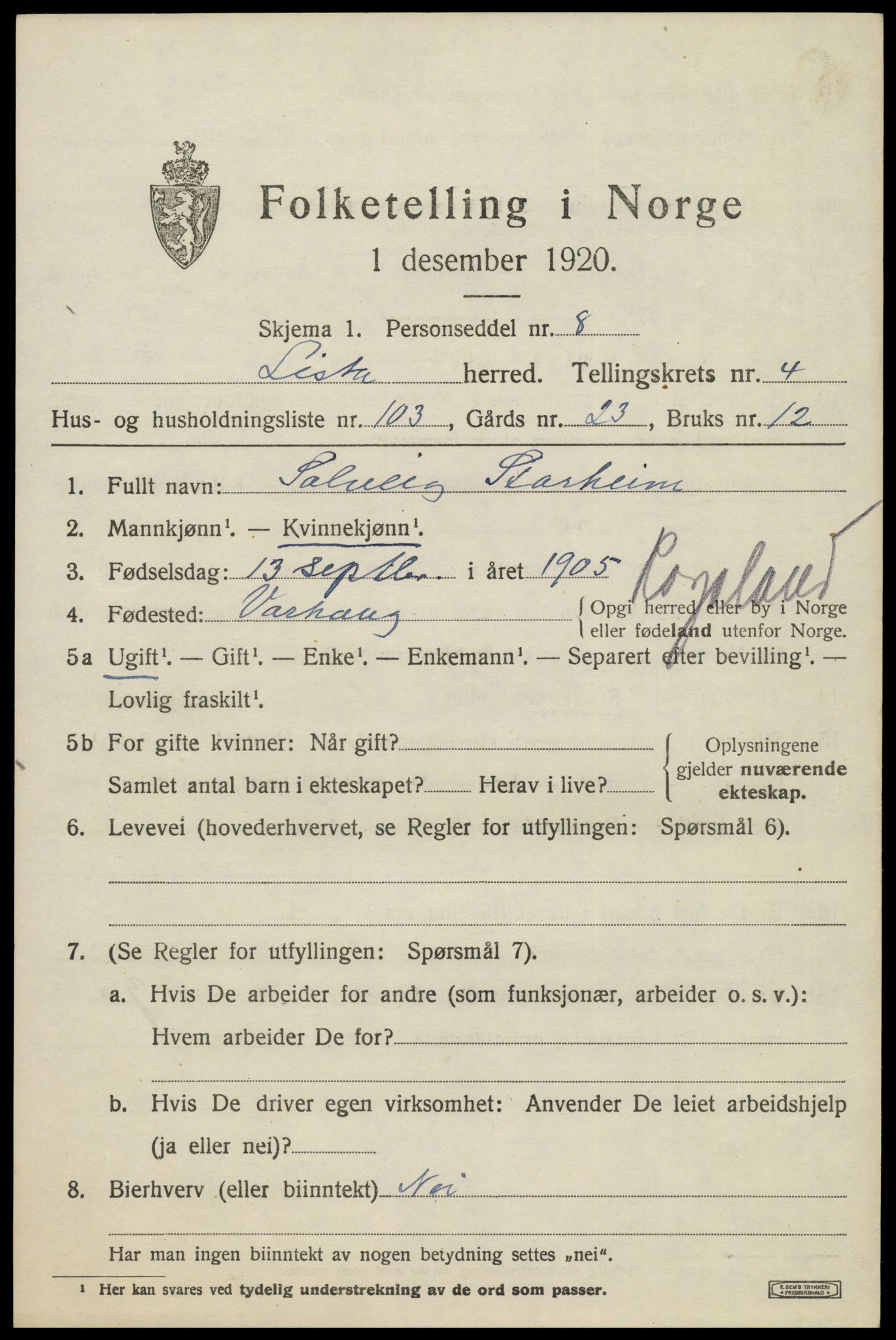 SAK, 1920 census for Lista, 1920, p. 5503